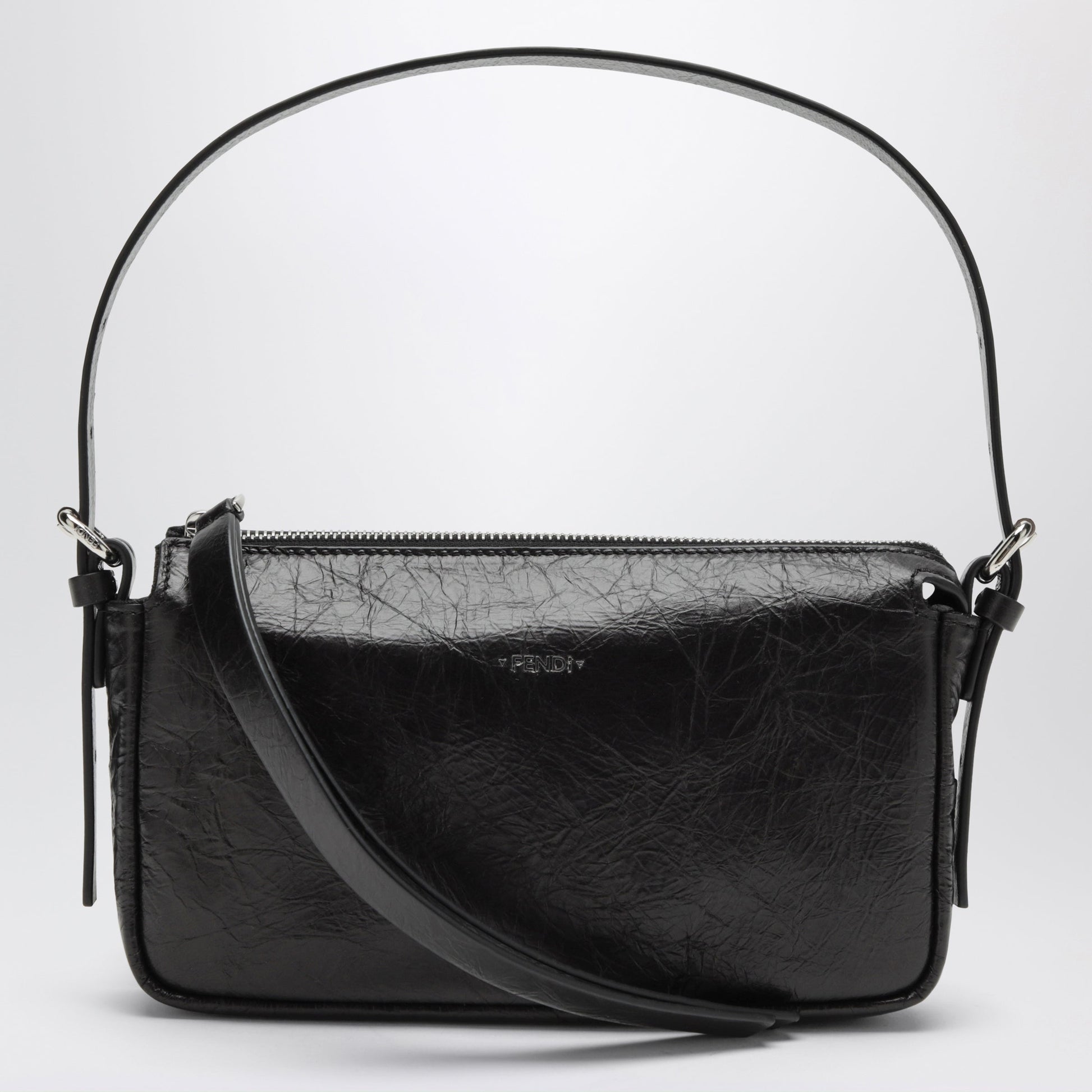 Fendi Small Black Leather Zip Top Bag With A Crackled Finish Women FENDI