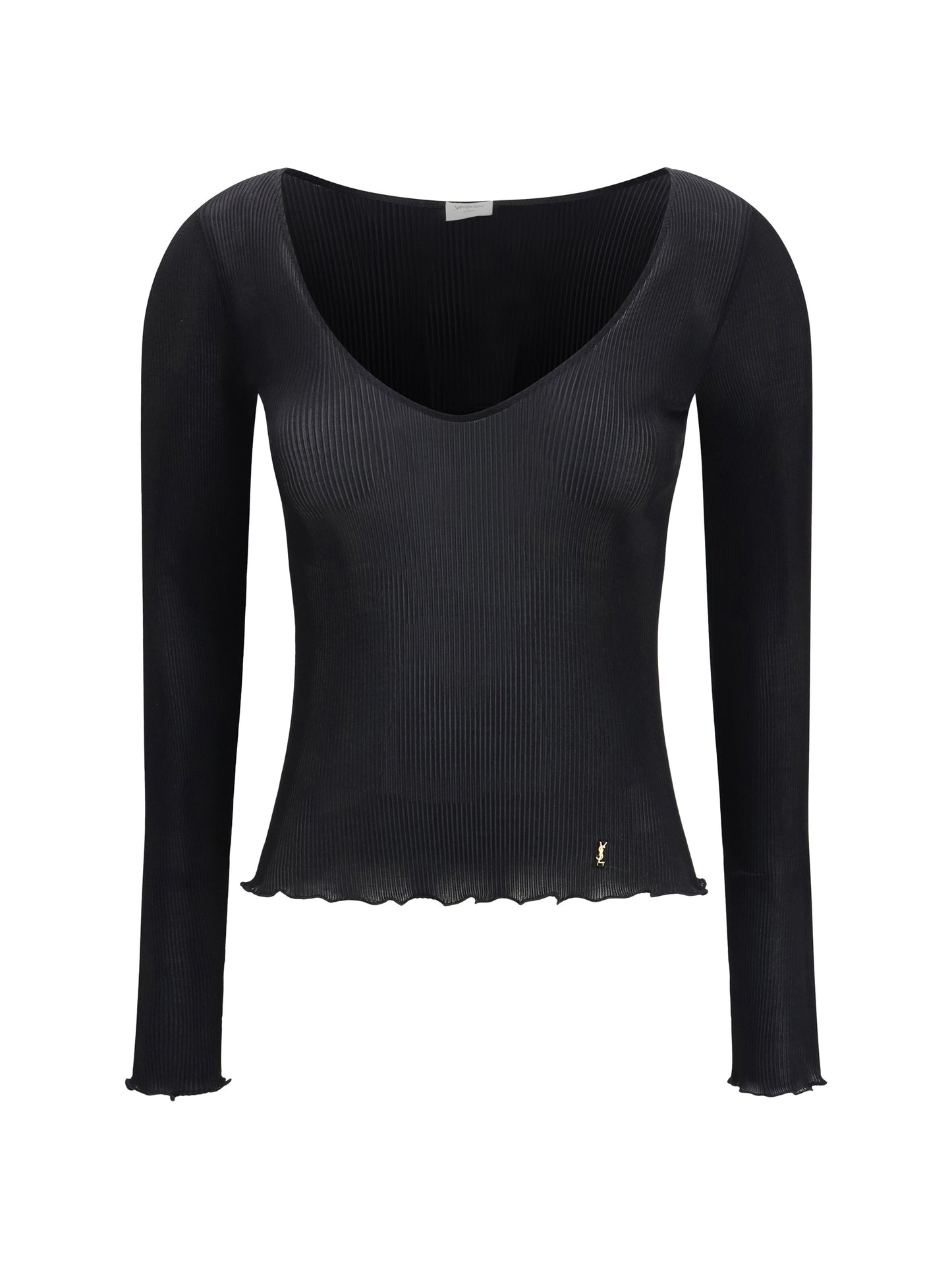 Saint Laurent Women Cassandre V Neck Ribbed Silk Top SAINT LAURENT