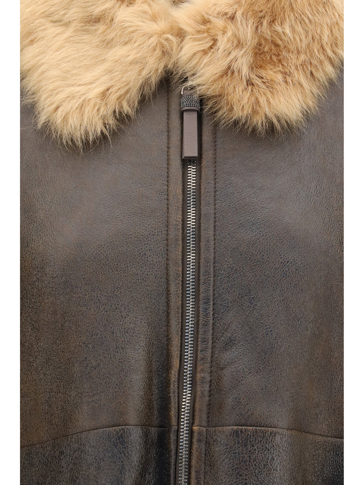 Brunello Cucinelli Women Vintage-Effect Shearling Bomber With Shiny Zipper Pull BRUNELLO CUCINELLI