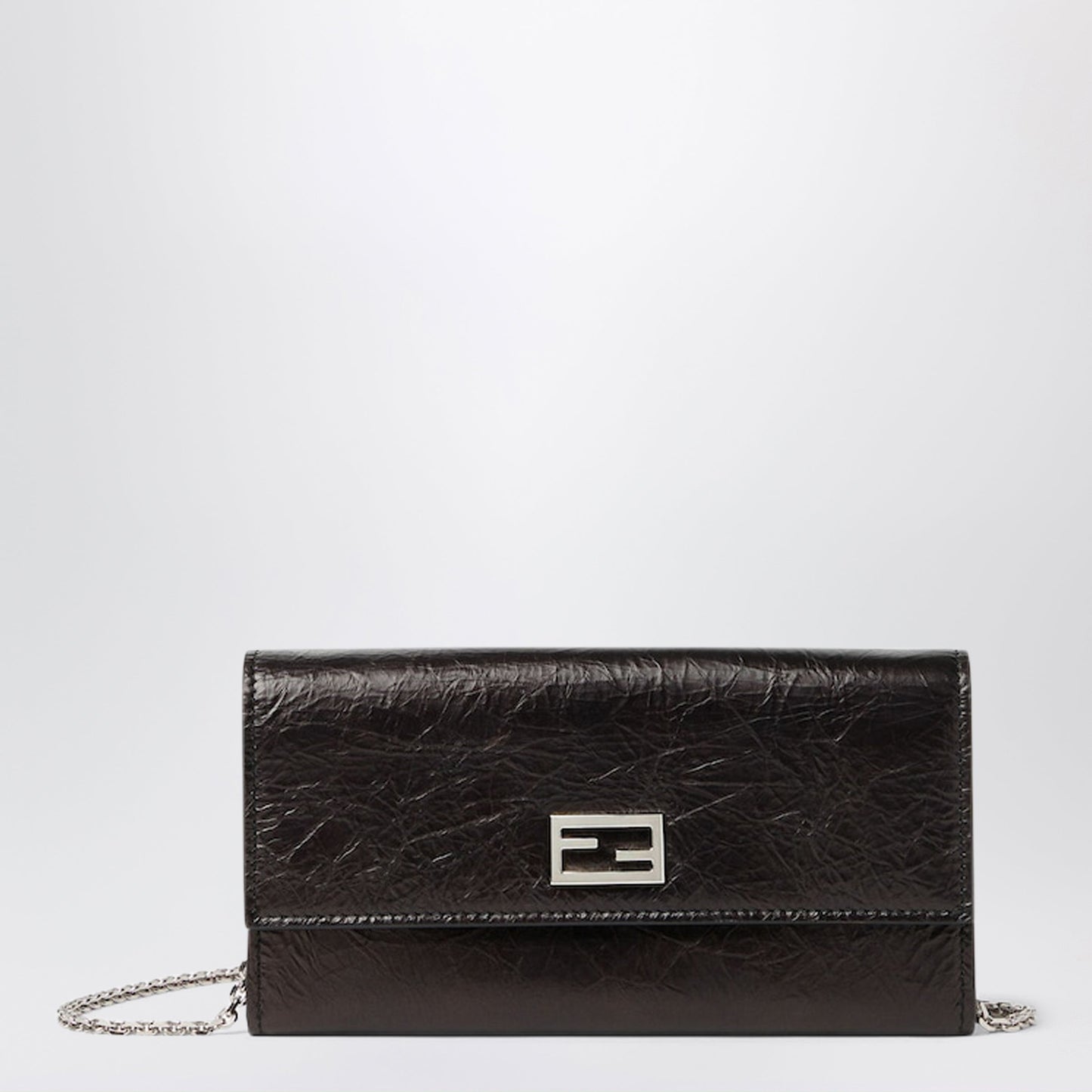 Fendi Tube Continental Wallet With Chain In Black Cracked Leather Women FENDI