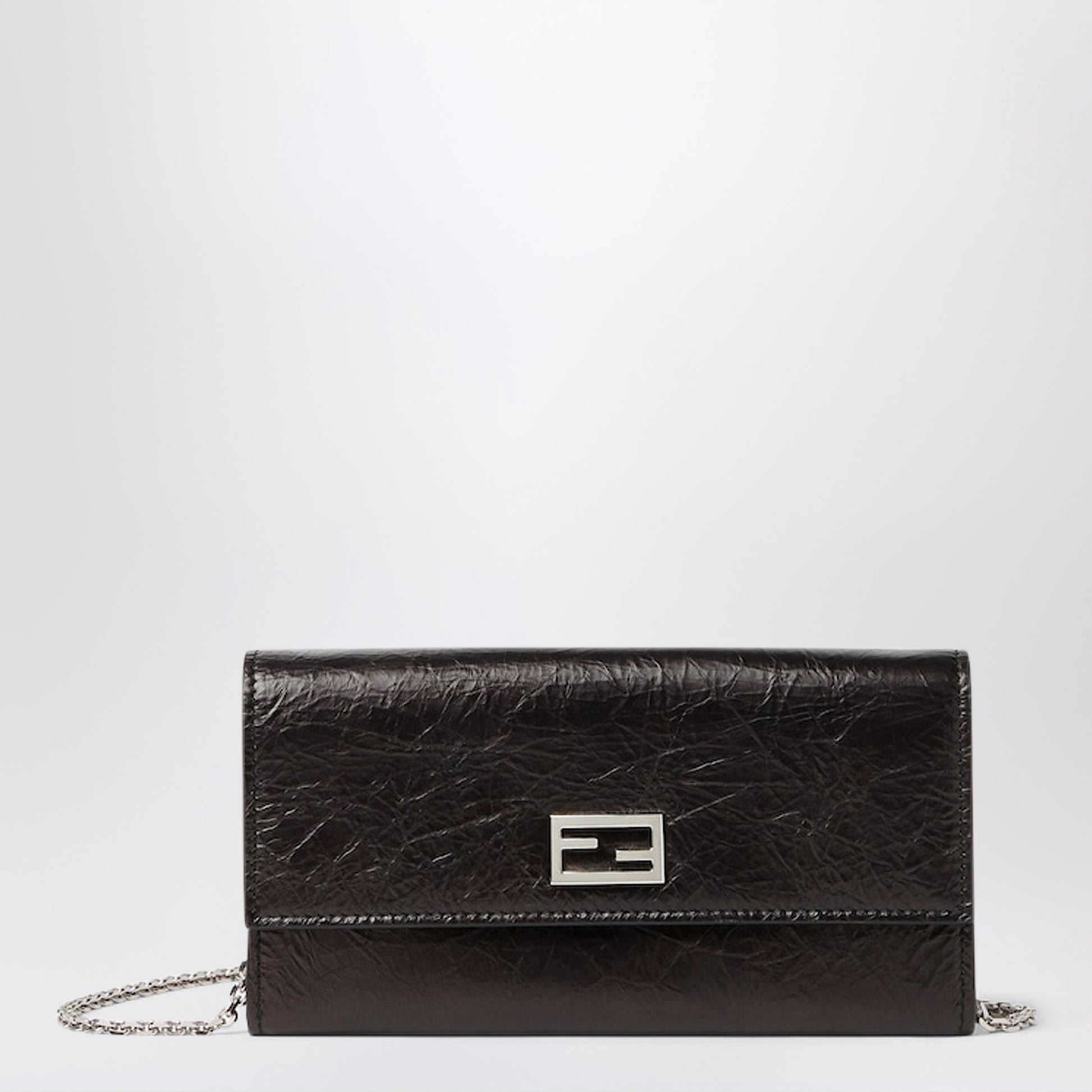 Fendi Tube Continental Wallet With Chain In Black Cracked Leather Women FENDI