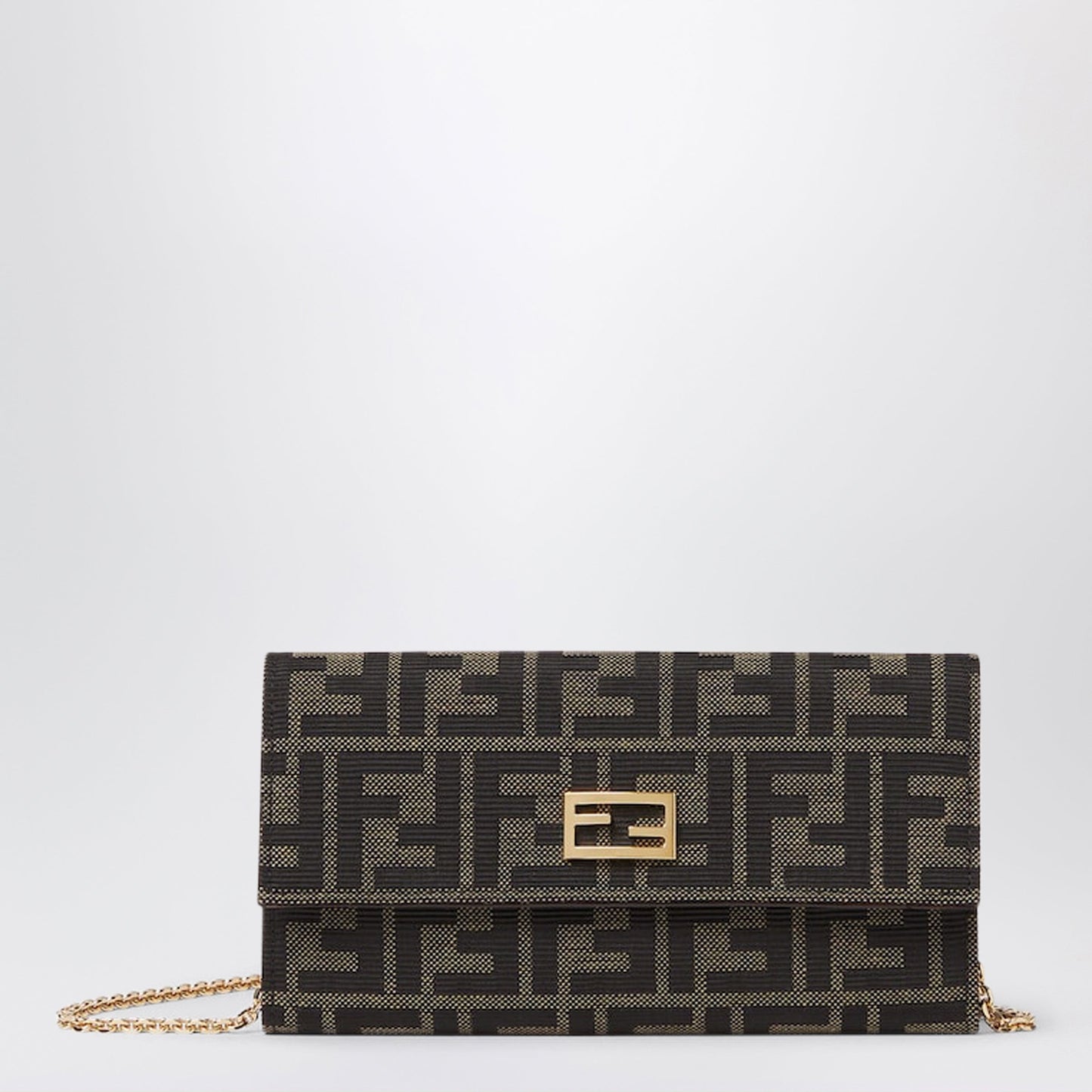 Fendi Tube Continental Wallet With Chain In Ff Zucca Jacquard And Brown Leather Women FENDI
