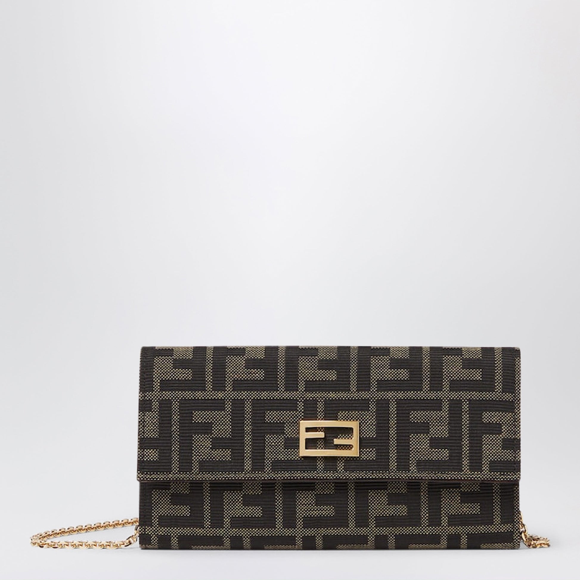 Fendi Tube Continental Wallet With Chain In Ff Zucca Jacquard And Brown Leather Women FENDI