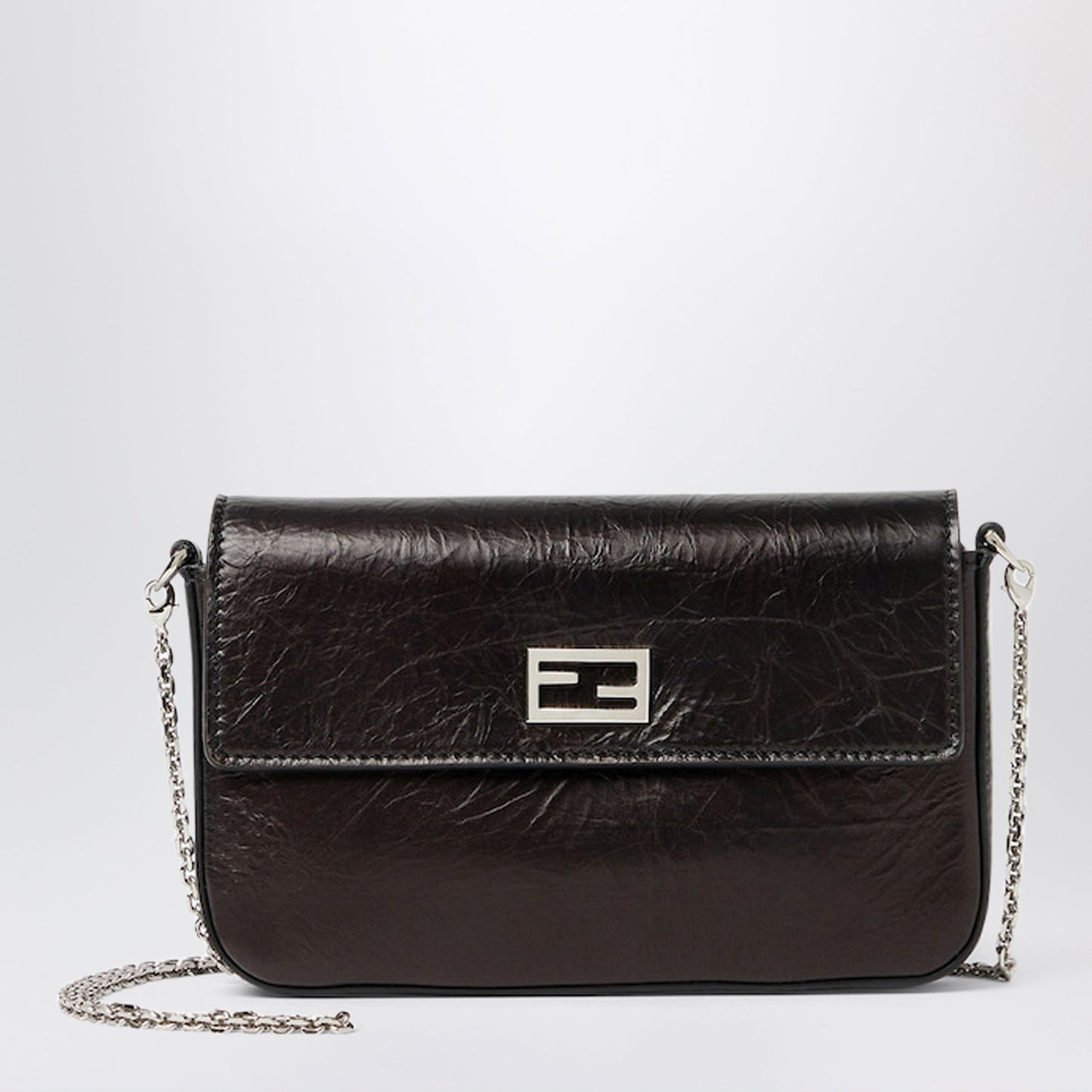 Fendi Compact Black Crackled Leather Wallet On Chain Tube Women FENDI