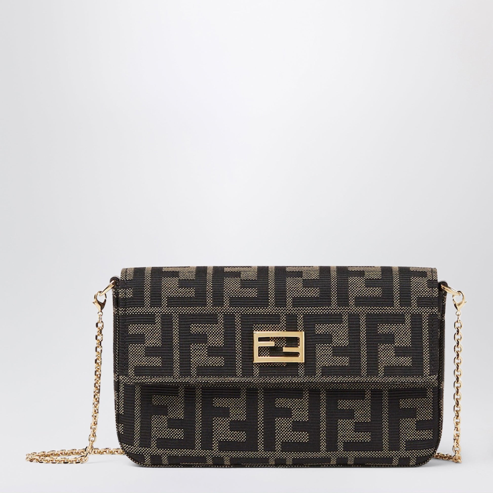 Fendi Tube Wallet On Chain In Ff Zucca Jacquard And Brown Leather Women FENDI