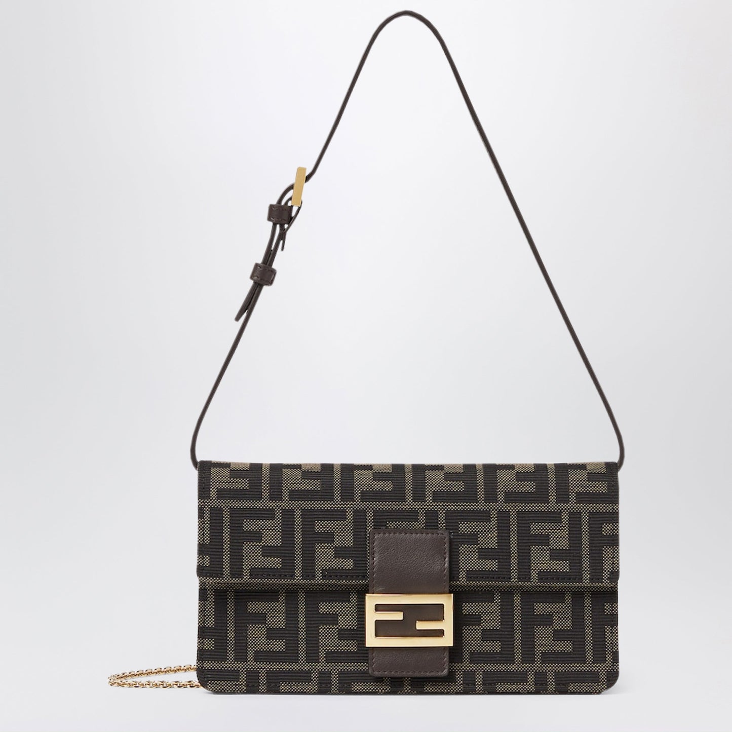 Fendi Tube Wallet On Chain In Ff Zucca Jacquard And Brown Leather Women FENDI