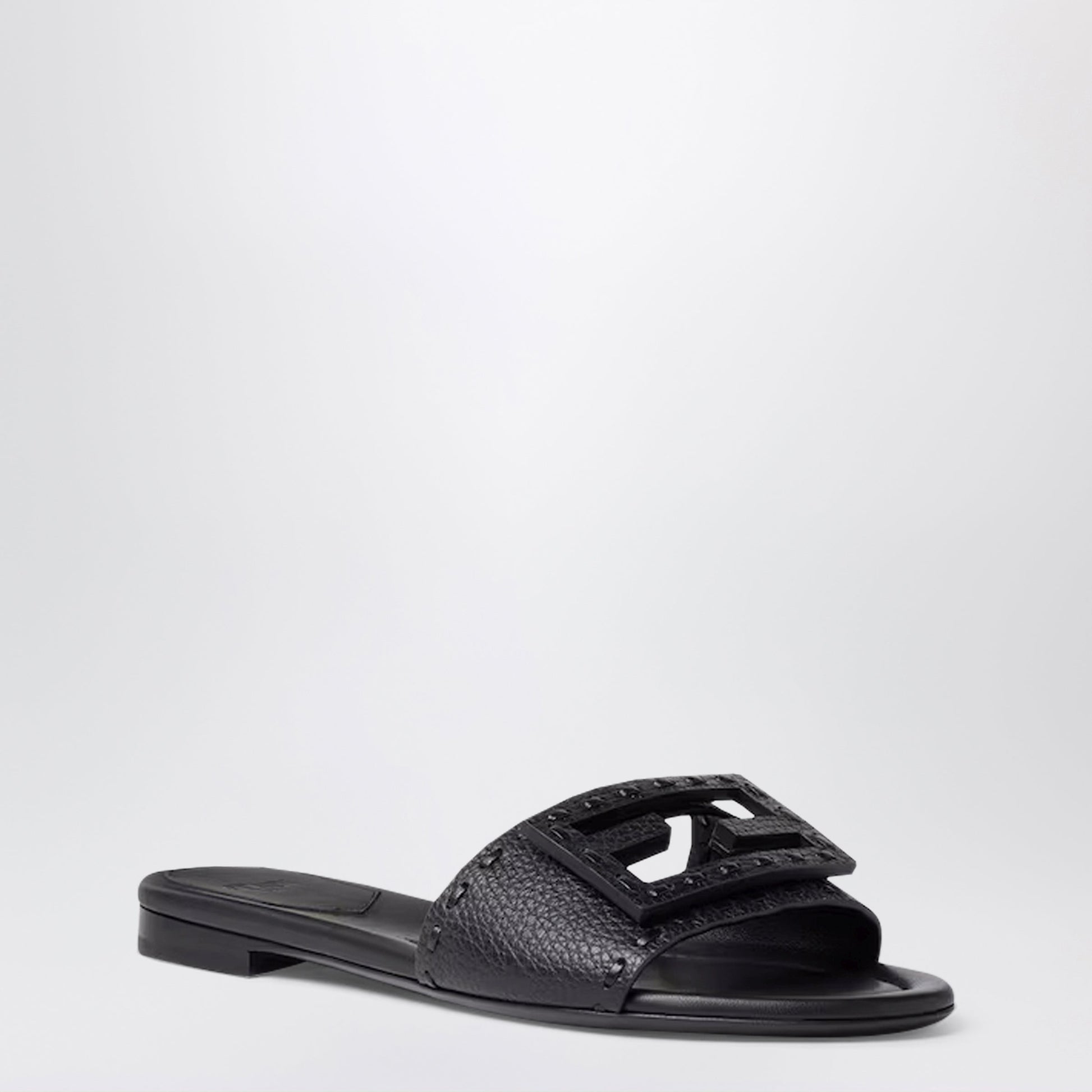 Fendi Black Leather Baguette Slides Women FENDI