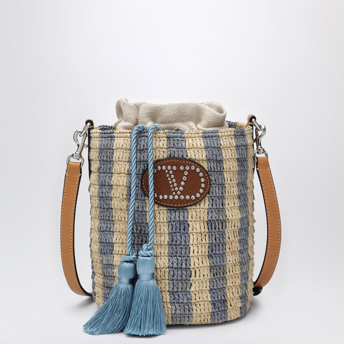 Valentino Garavani Small Bucket Bag In Raffia With Beige And Light Blue Stripes Women VALENTINO GARAVANI