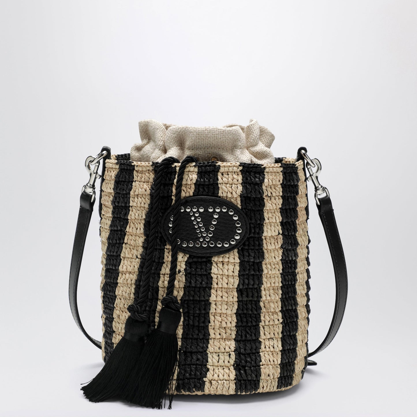 Valentino Garavani Small Bucket Bag In Raffia With Beige And Black Stripes Women VALENTINO GARAVANI