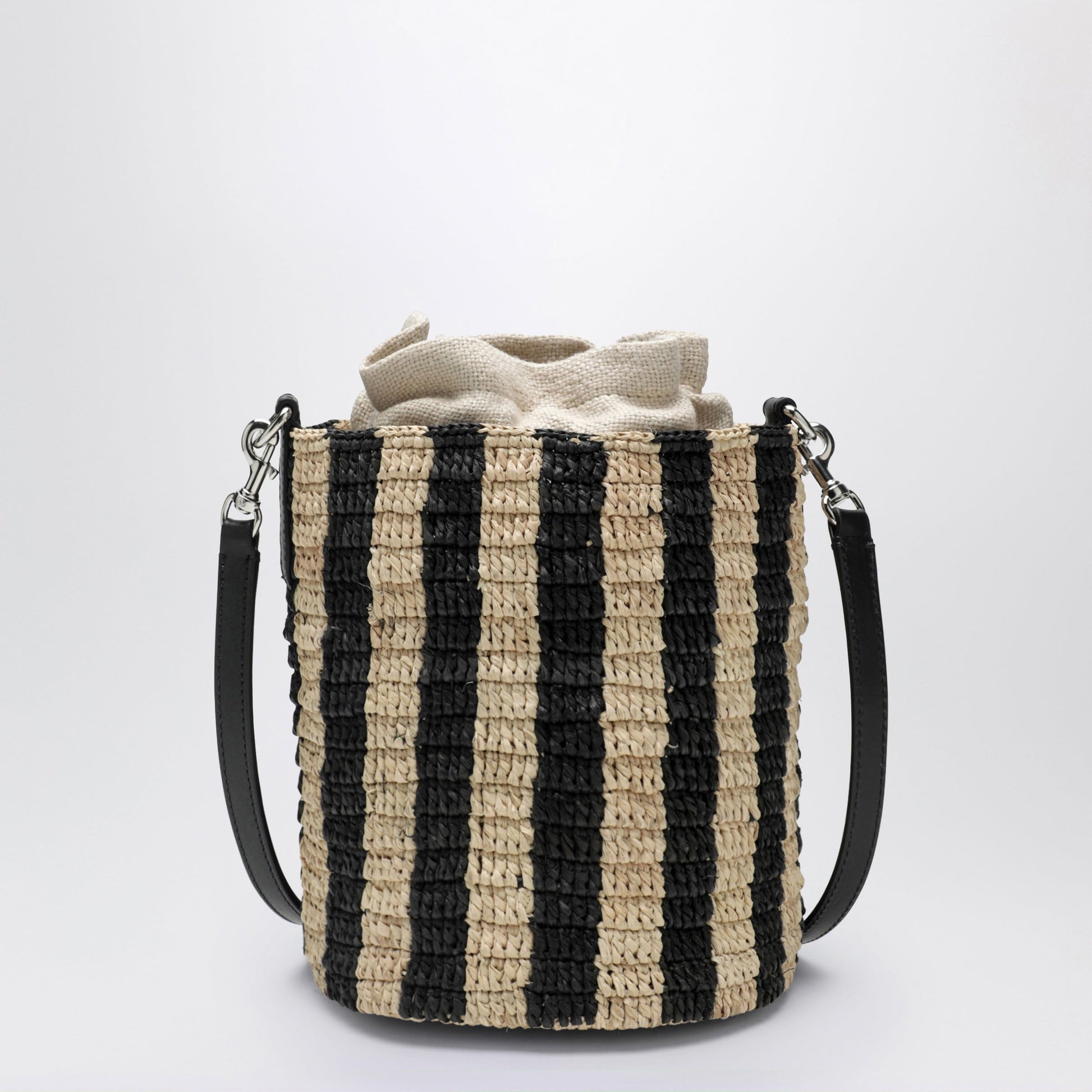 Valentino Garavani Small Bucket Bag In Raffia With Beige And Black Stripes Women VALENTINO GARAVANI