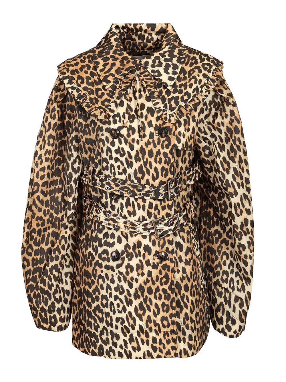 Ganni Women Short Duchesse Trench Coat With Animal Print GANNI