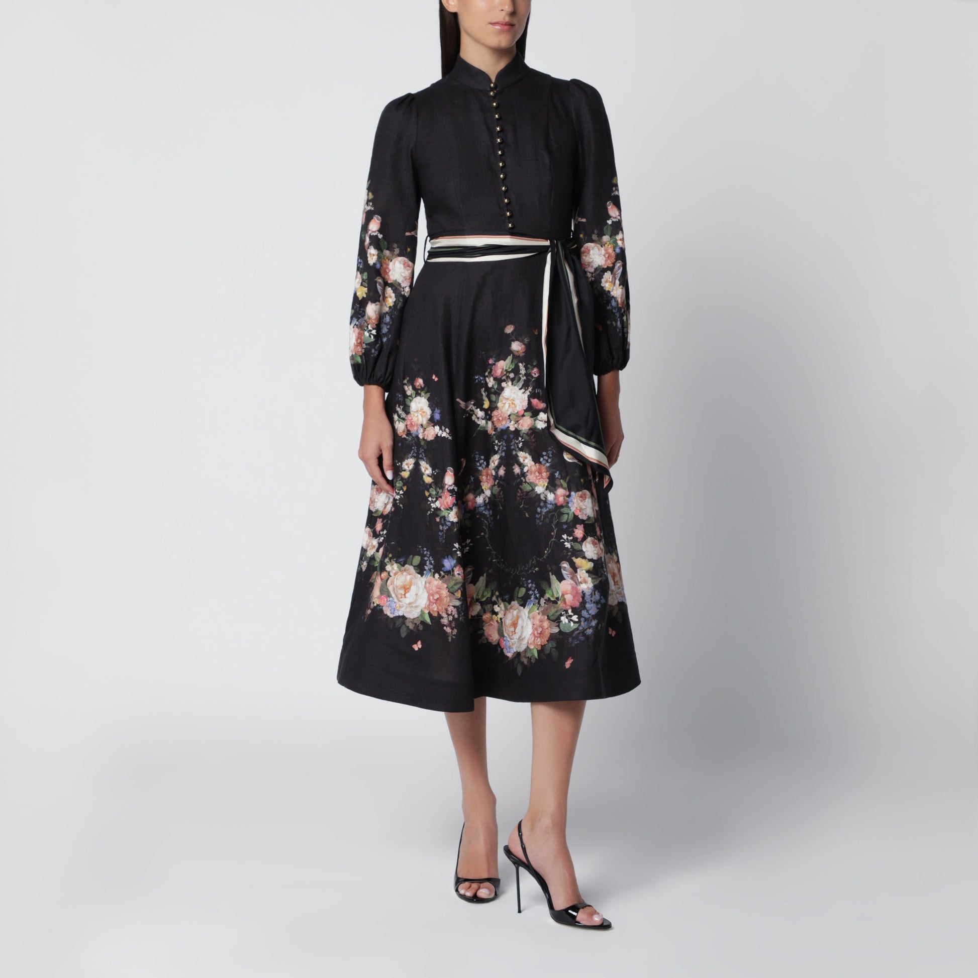 Zimmermann Valiant Printed Linen Midi Dress In Black Bouquet Women ZIMMERMANN
