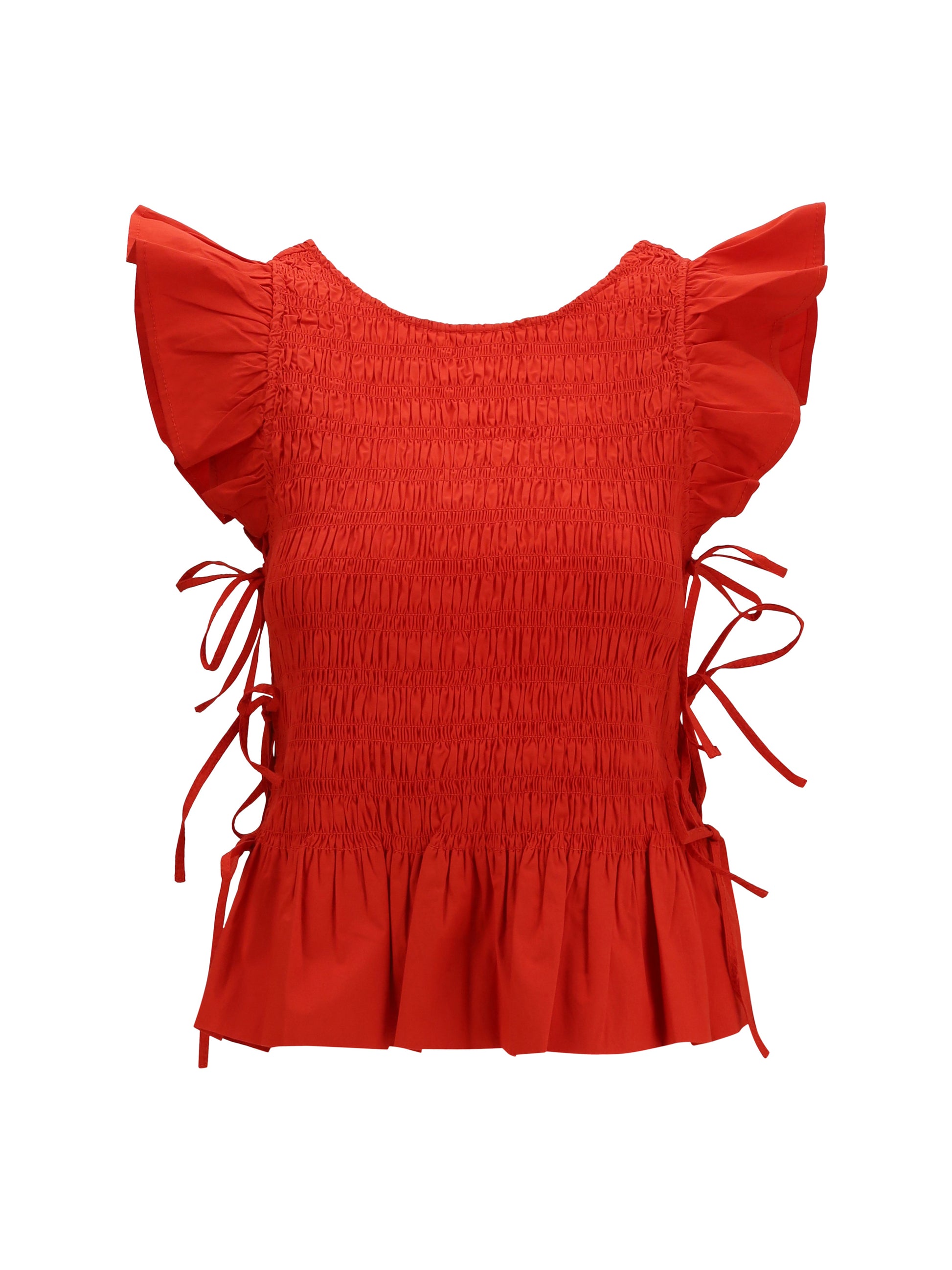 Ganni Women Ruched Cotton Top With Side Bows GANNI