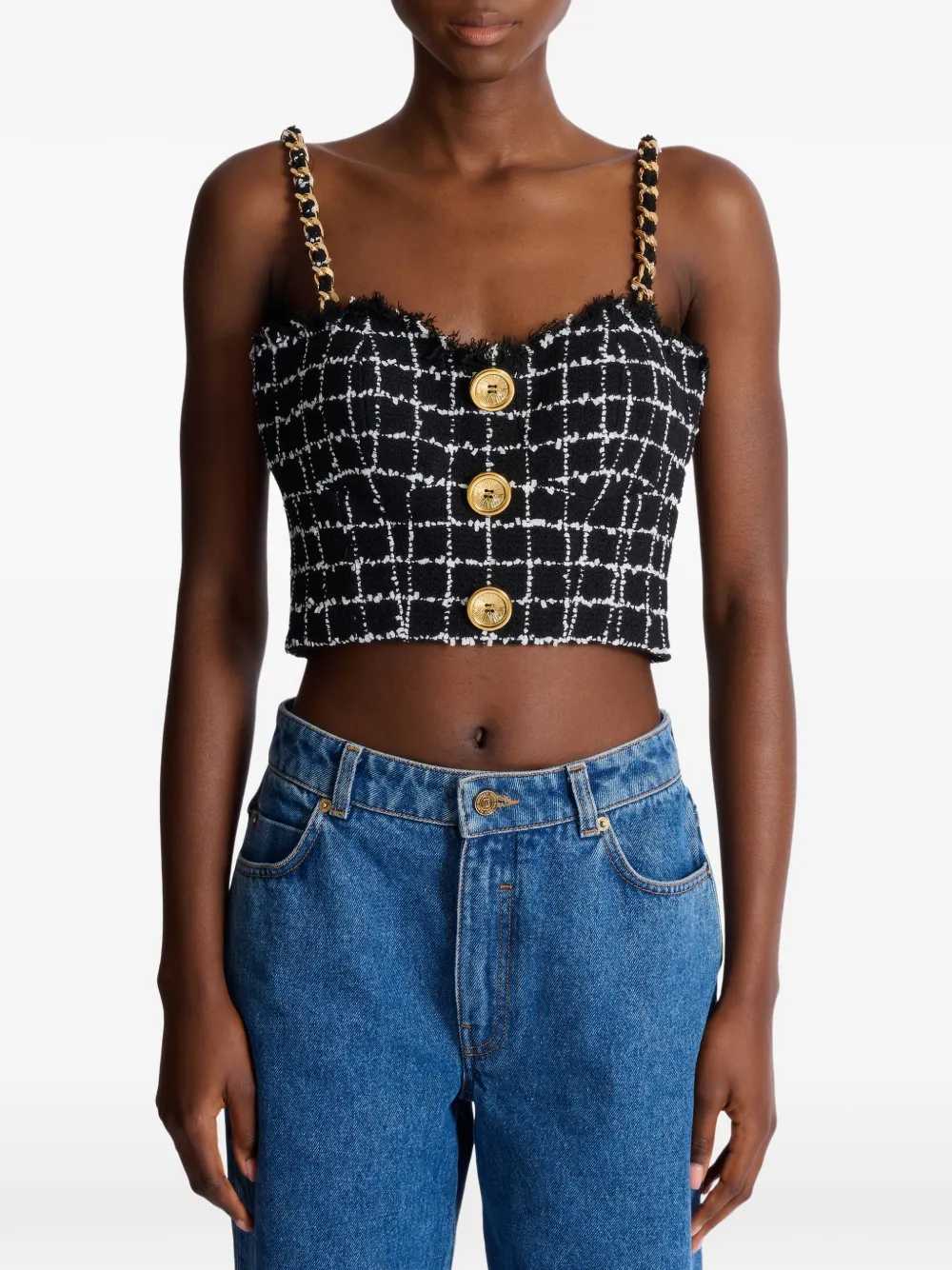 Balmain Women Tweed Top With Shoulder Straps BALMAIN