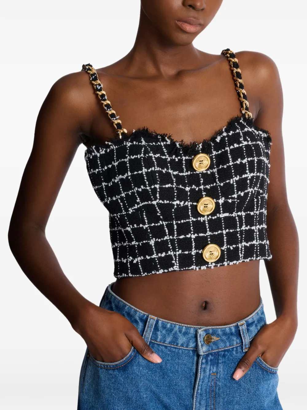 Balmain Women Tweed Top With Shoulder Straps BALMAIN