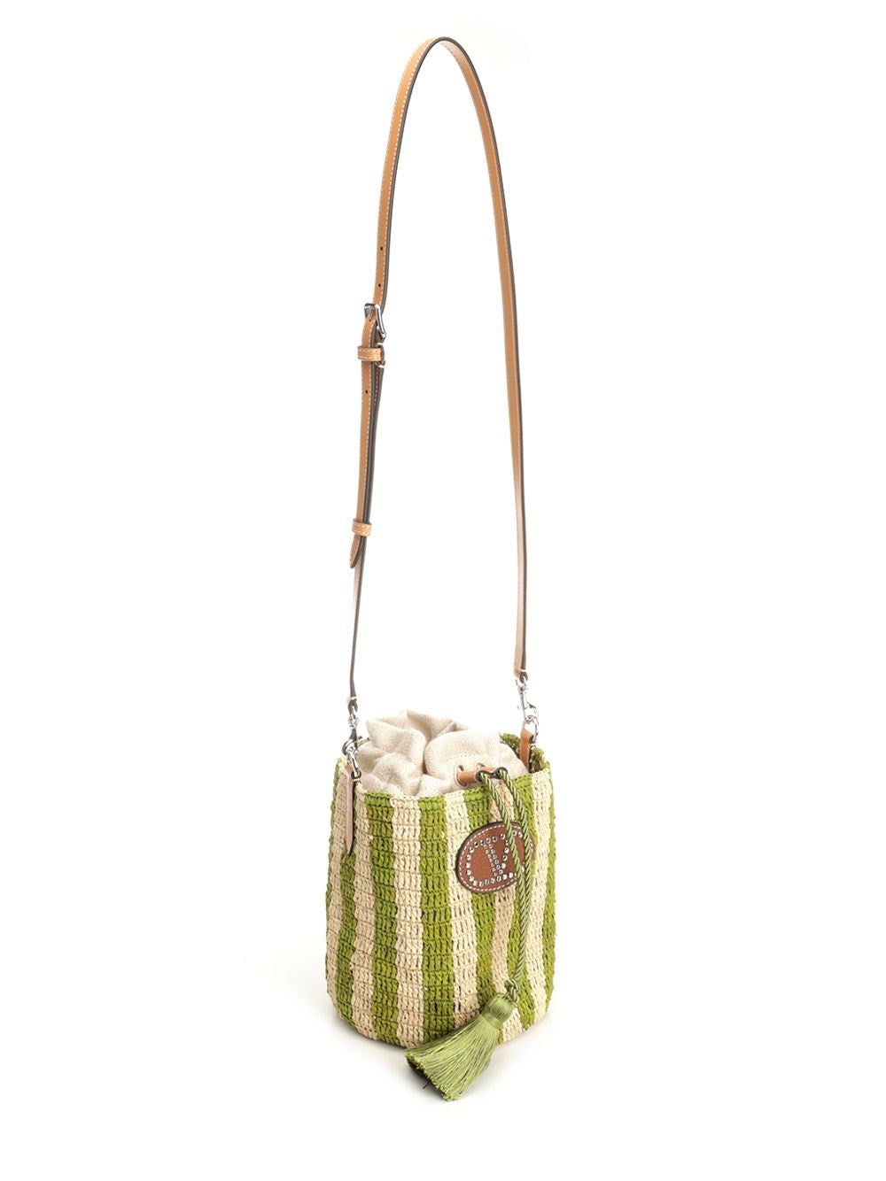 Valentino Garavani Women Small Bucket Bag | Vlogo Signature | Crochet Rafia Stripes/Lino/Vac.Liscia/To VALENTINO GARAVANI