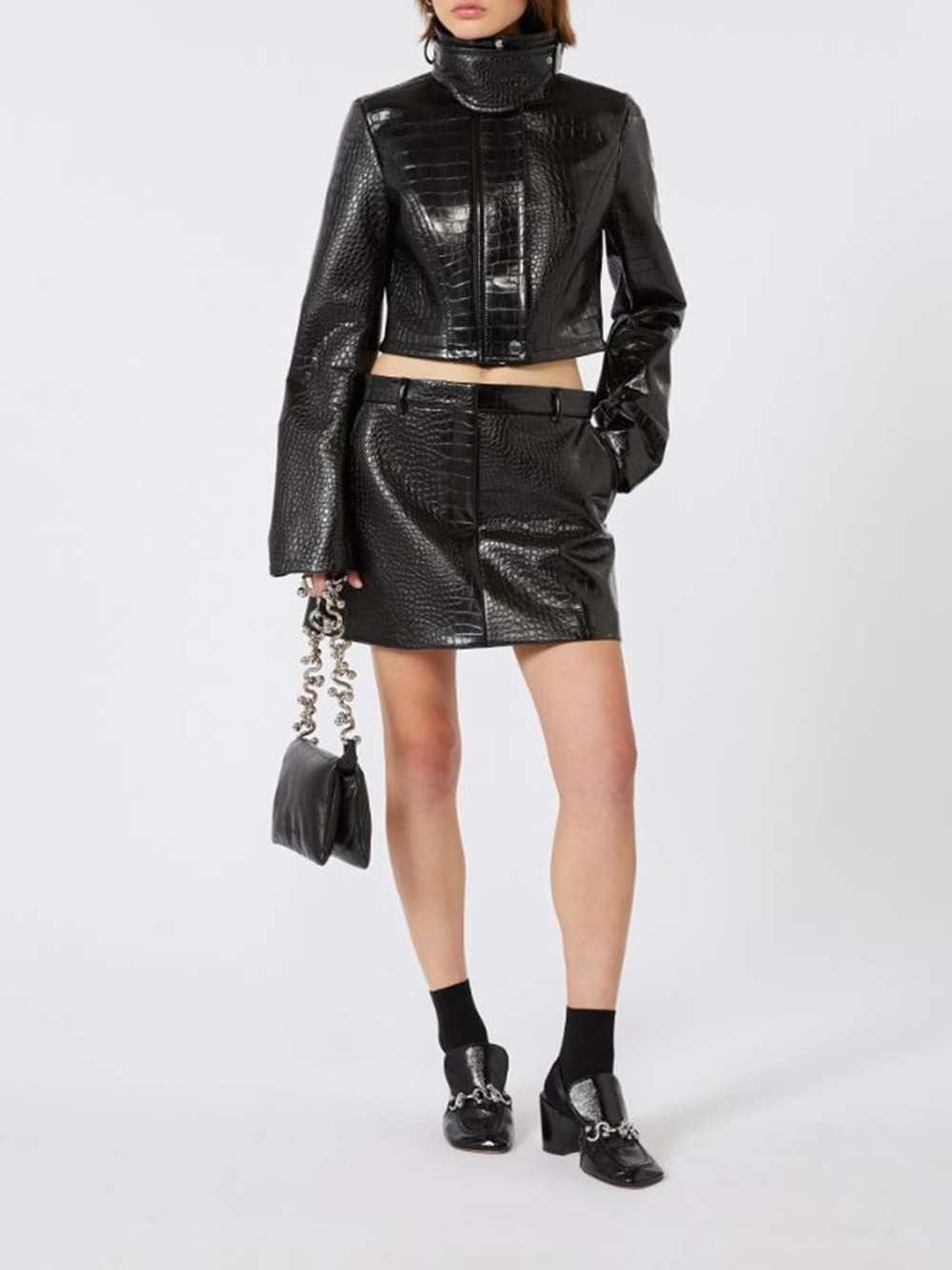 Sportmax Women Patent Leather Alligator Mini Skirt - Black SPORTMAX