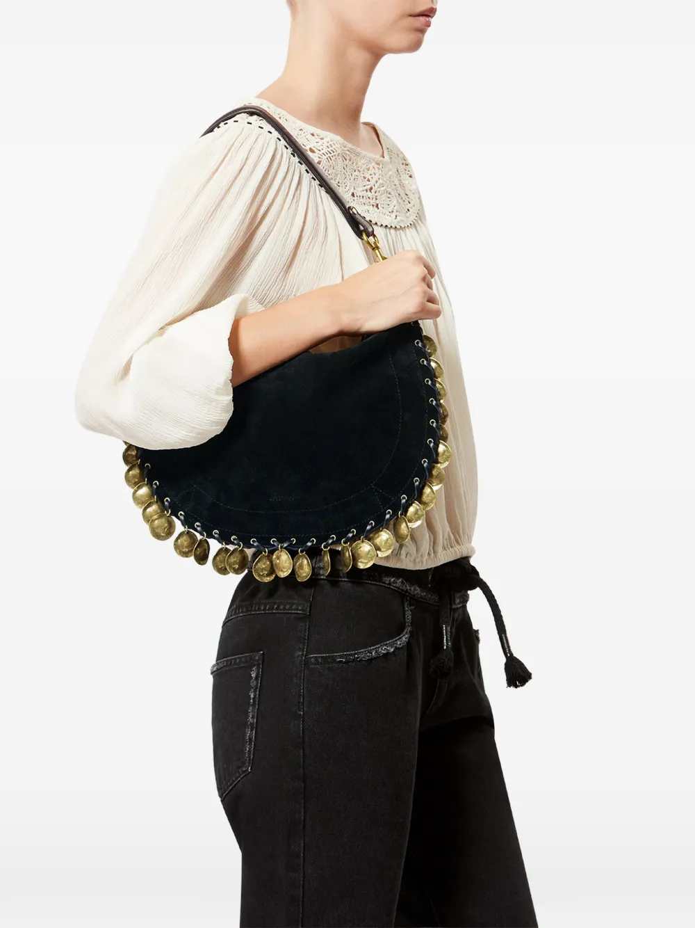 Marant Women Oskan Shoulder Bag In Soft Calf Suede With Medallions And Zipper. ISABEL MARANT