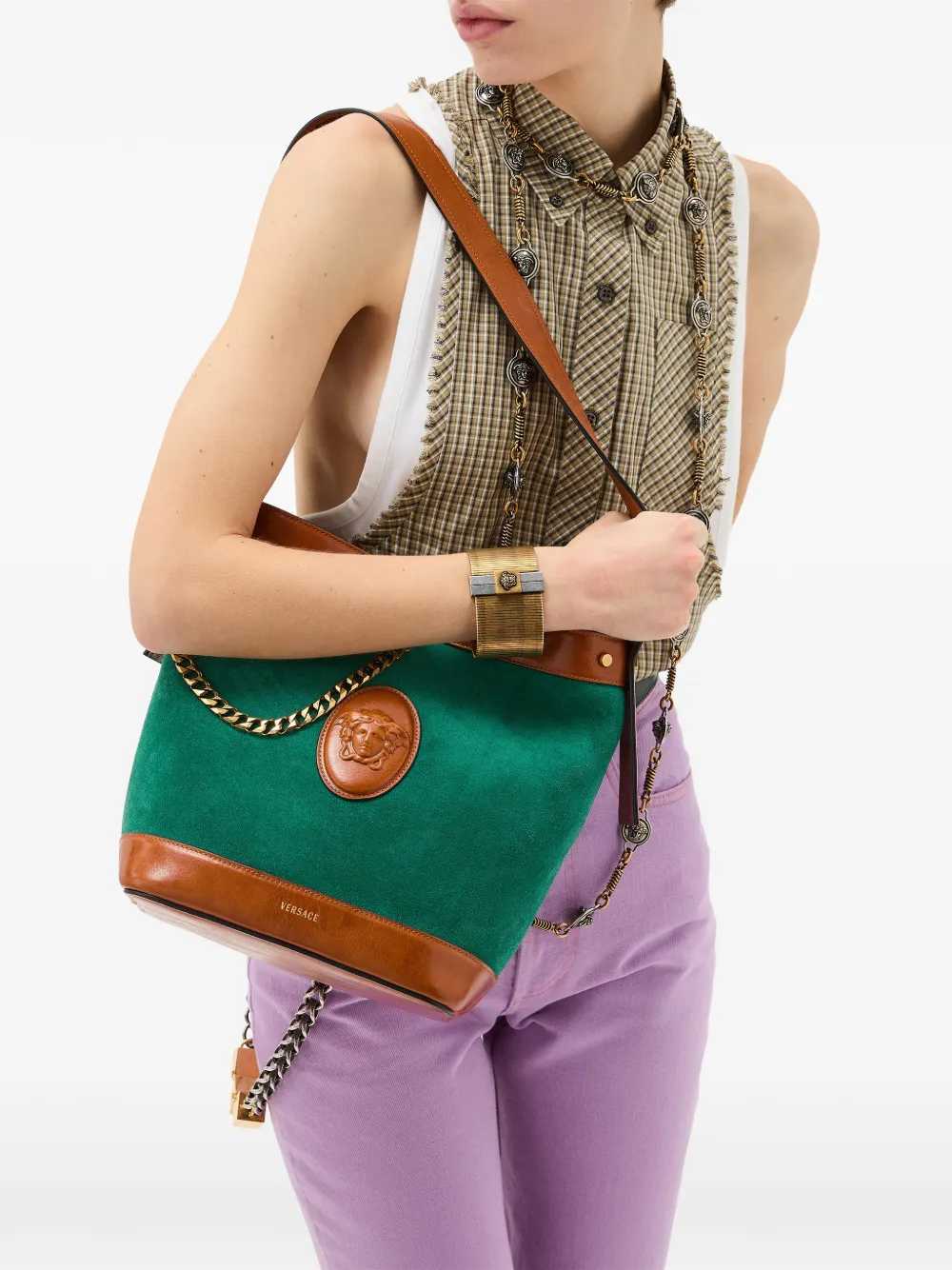 Versace Women Pivot Small Suede Bucket Bag VERSACE