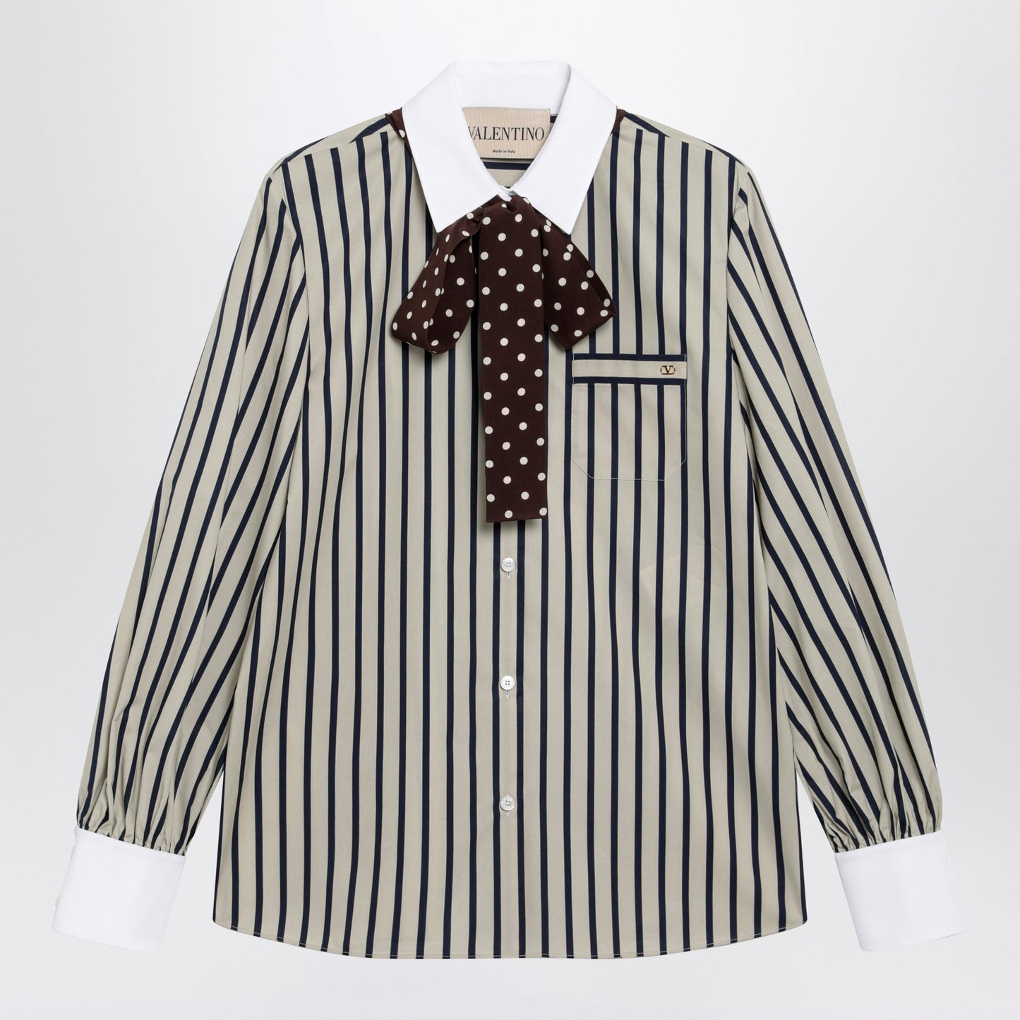 Valentino Striped Cotton Shirt With Scarf In Beige And Blue Women VALENTINO