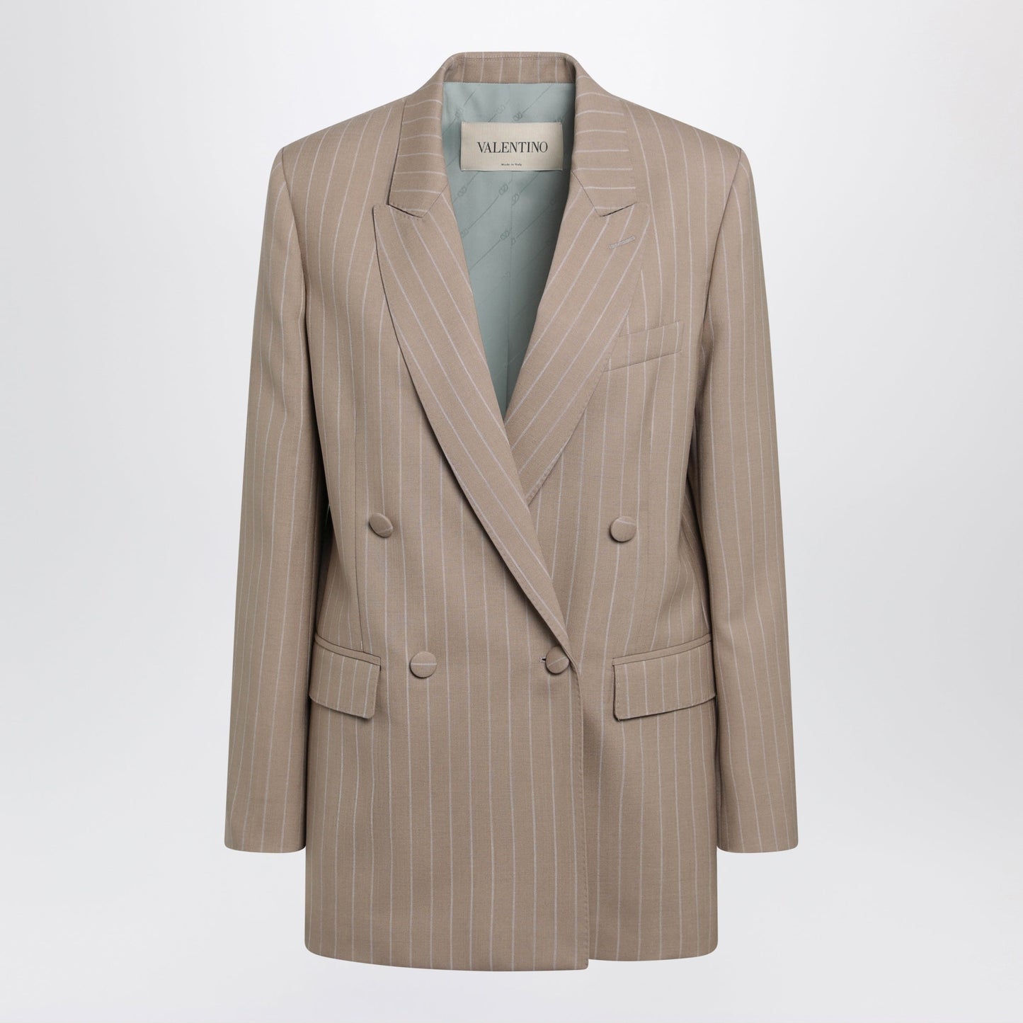 Valentino Double-Breasted Pinstripe Jacket In Mud/Ivory Virgin Wool Women VALENTINO