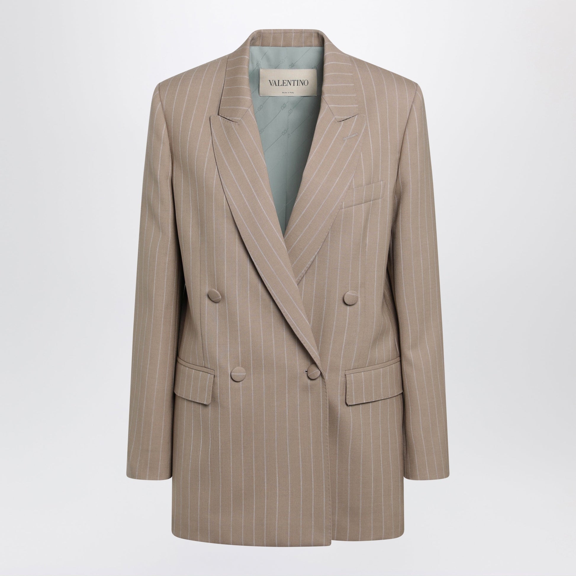 Valentino Double-Breasted Pinstripe Jacket In Mud/Ivory Virgin Wool Women VALENTINO