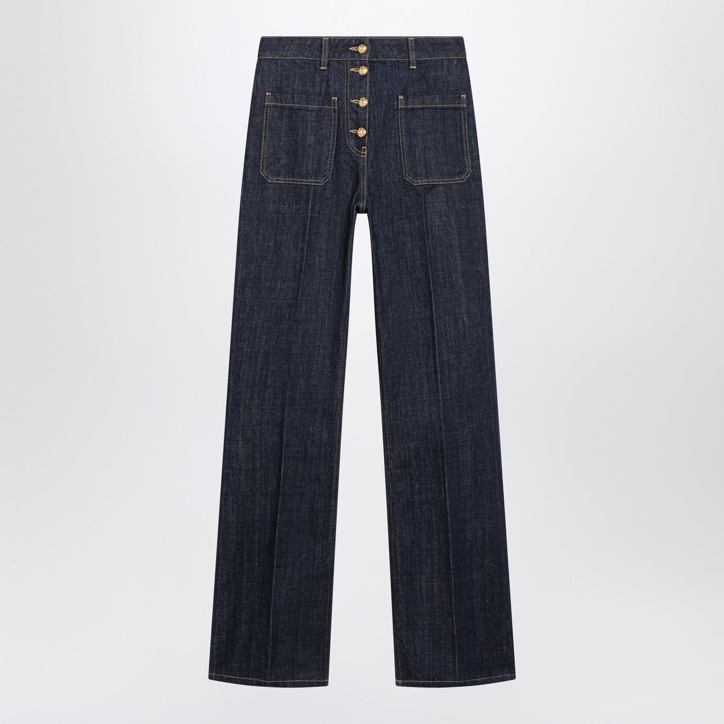 Valentino Cotton Denim Pants With Logo Buttons, Medium Blue Women VALENTINO