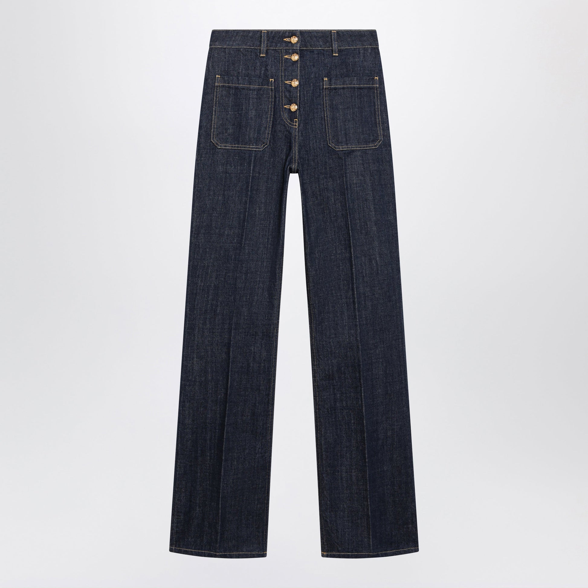 Valentino Cotton Denim Pants With Logo Buttons, Medium Blue Women VALENTINO