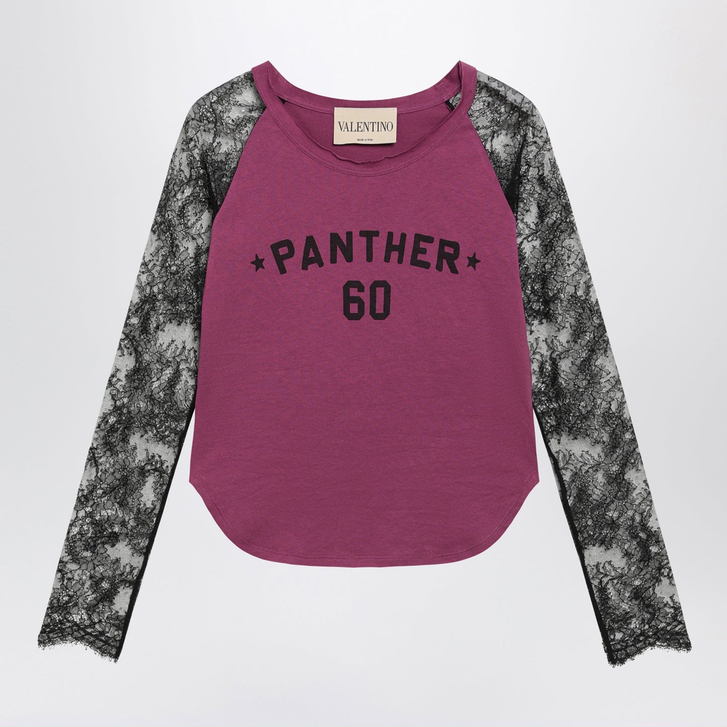 Valentino Cyclamen Panther 60 T-Shirt With Black Lace Sleeves Women VALENTINO