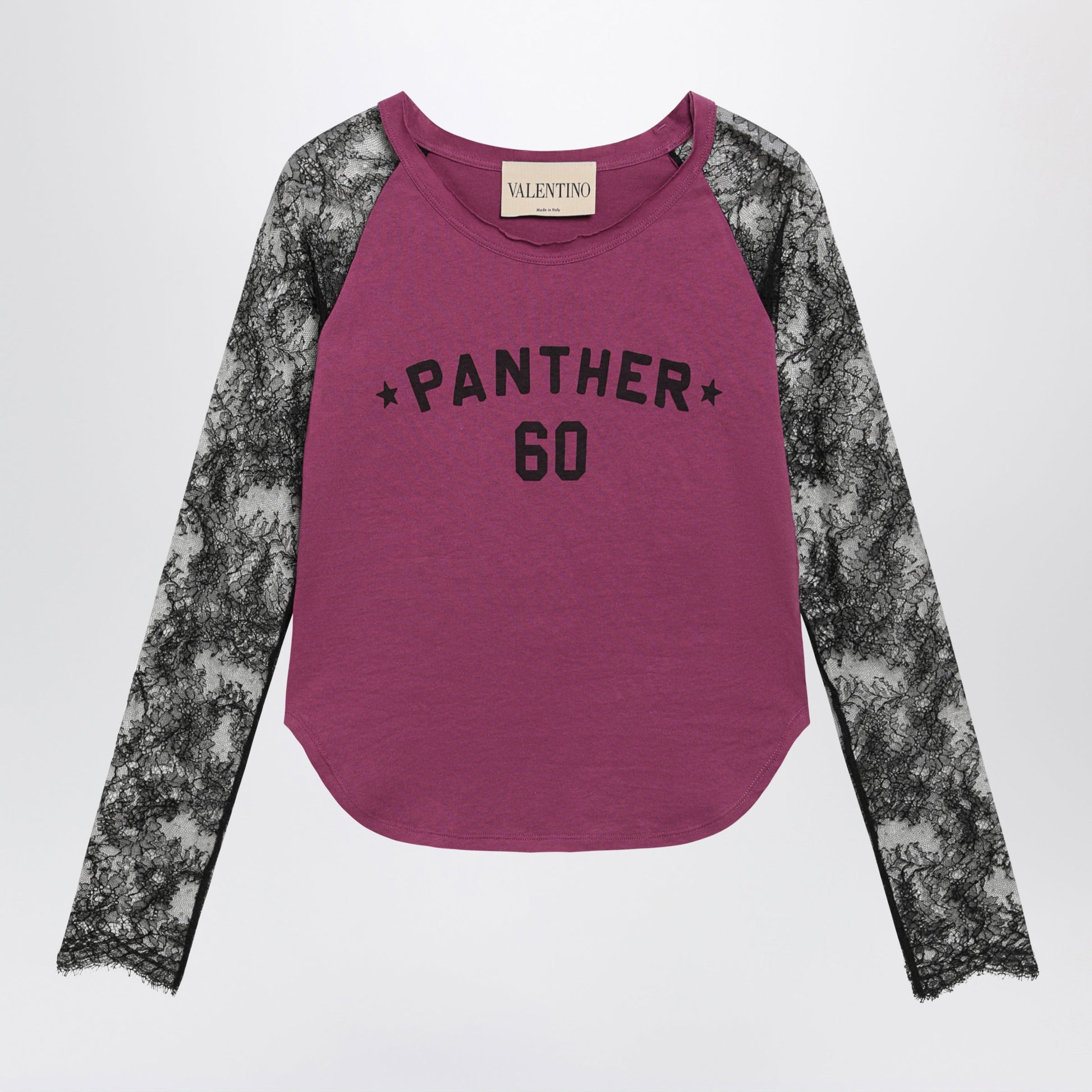 Valentino Cyclamen Panther 60 T-Shirt With Black Lace Sleeves Women VALENTINO