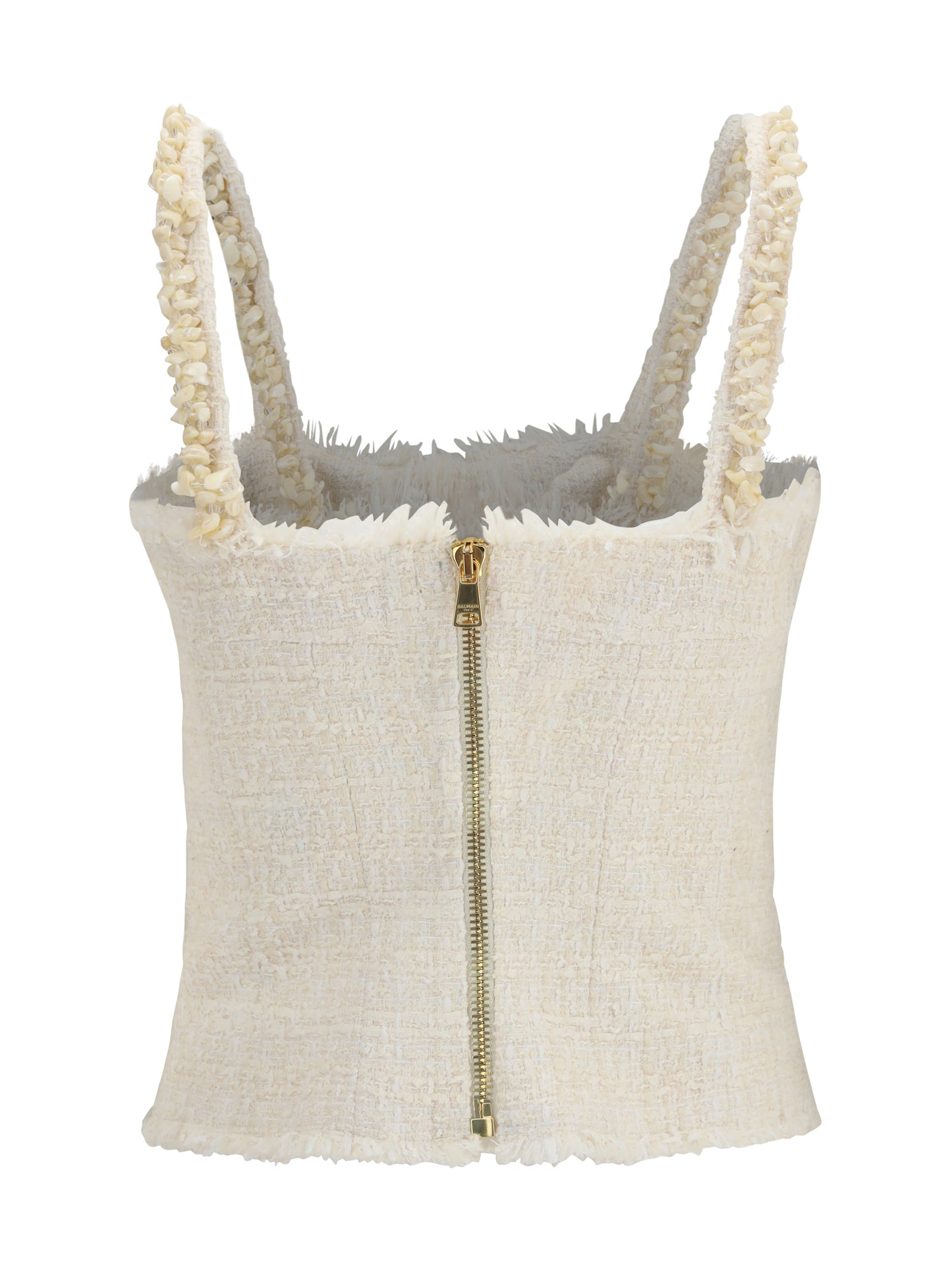 Balmain Women Tweed Top With Pearl Straps BALMAIN