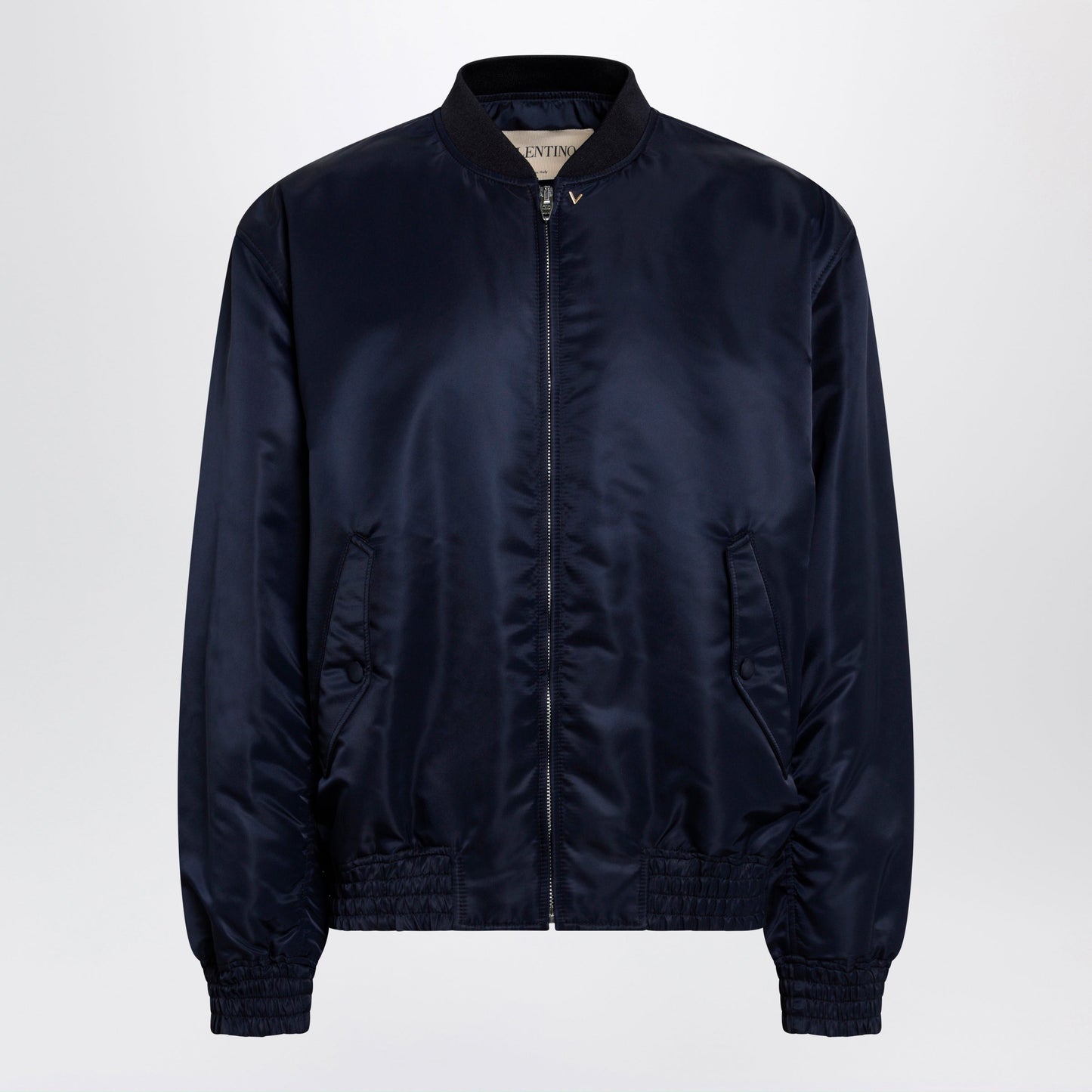 Valentino Shiny Navy Blue Zip-Up Bomber Jacket With Vlogo Men VALENTINO
