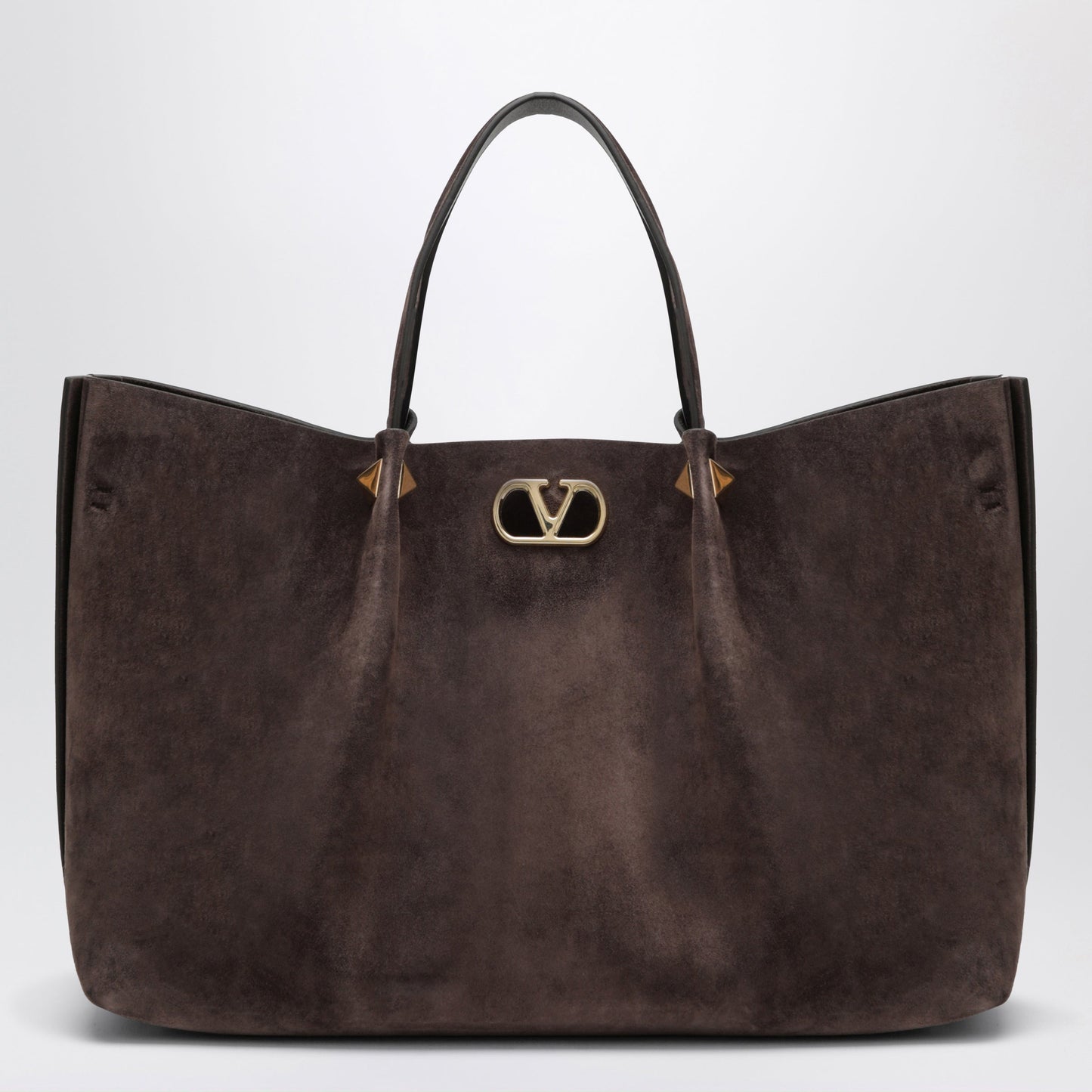 Valentino Garavani Large Rockstud Brown Ebony Suede Shopping Bag Women VALENTINO GARAVANI