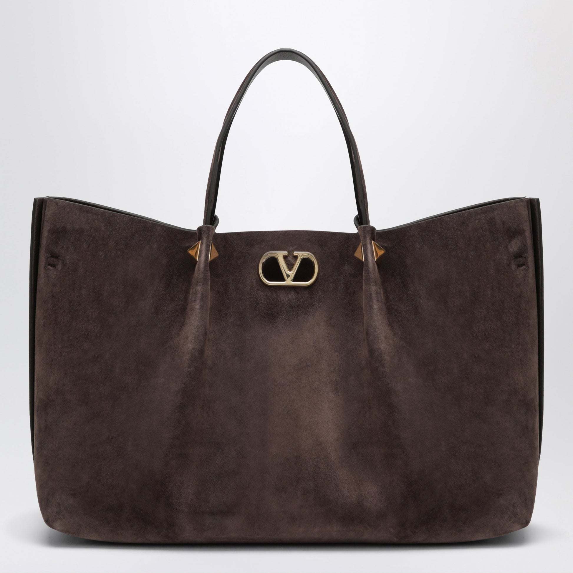 Valentino Garavani Large Rockstud Brown Ebony Suede Shopping Bag Women VALENTINO GARAVANI