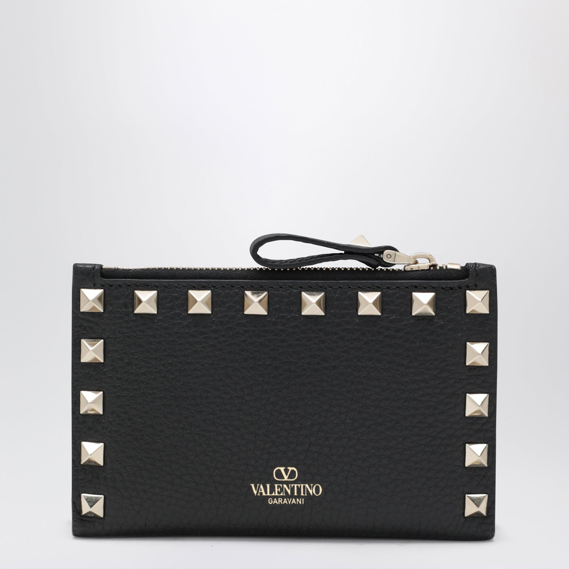 Valentino Garavani Black Leather Rockstud Zip Card Holder Women VALENTINO GARAVANI