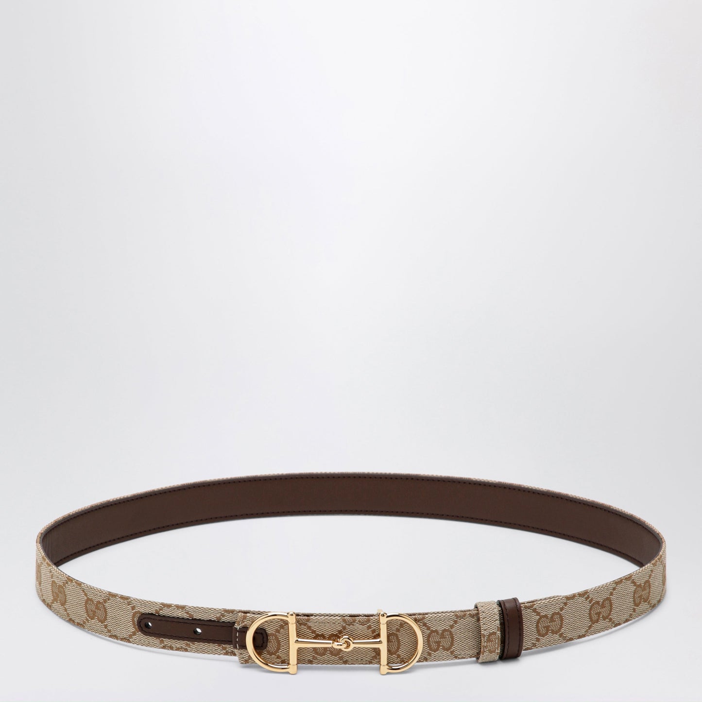 Gucci Reversible Gg Fabric And Leather Belt In Sand/Brown With Horsebit Buckle Women GUCCI