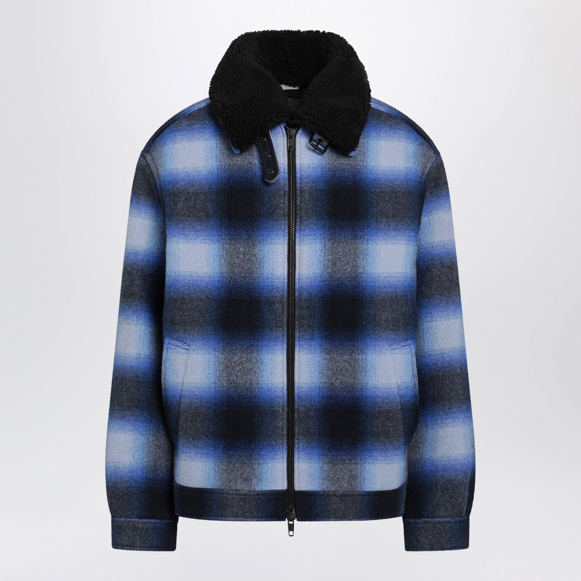 Balenciaga Plaid Wool Flannel Bomber Jacket In Blue/Black Men BALENCIAGA