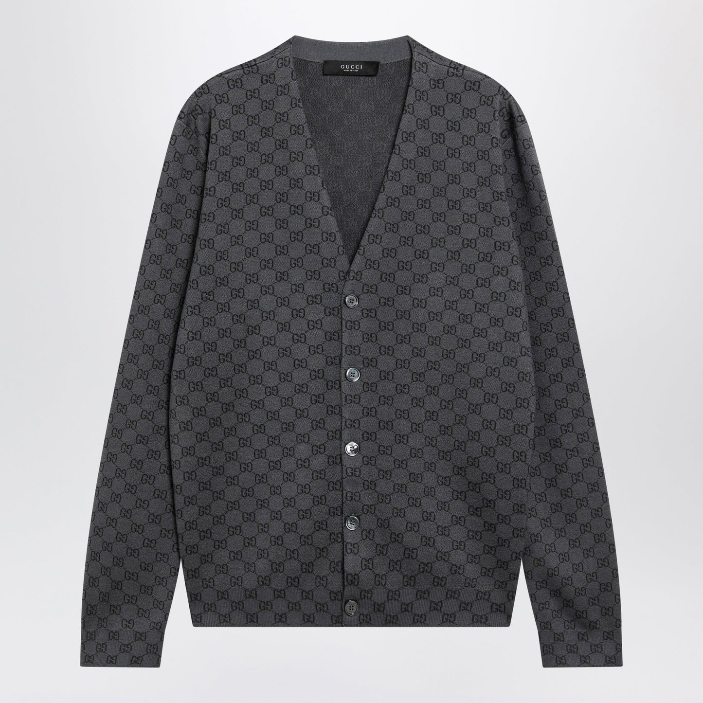 Gucci Grey Wool And Silk Cardigan With Gg Motif Men GUCCI