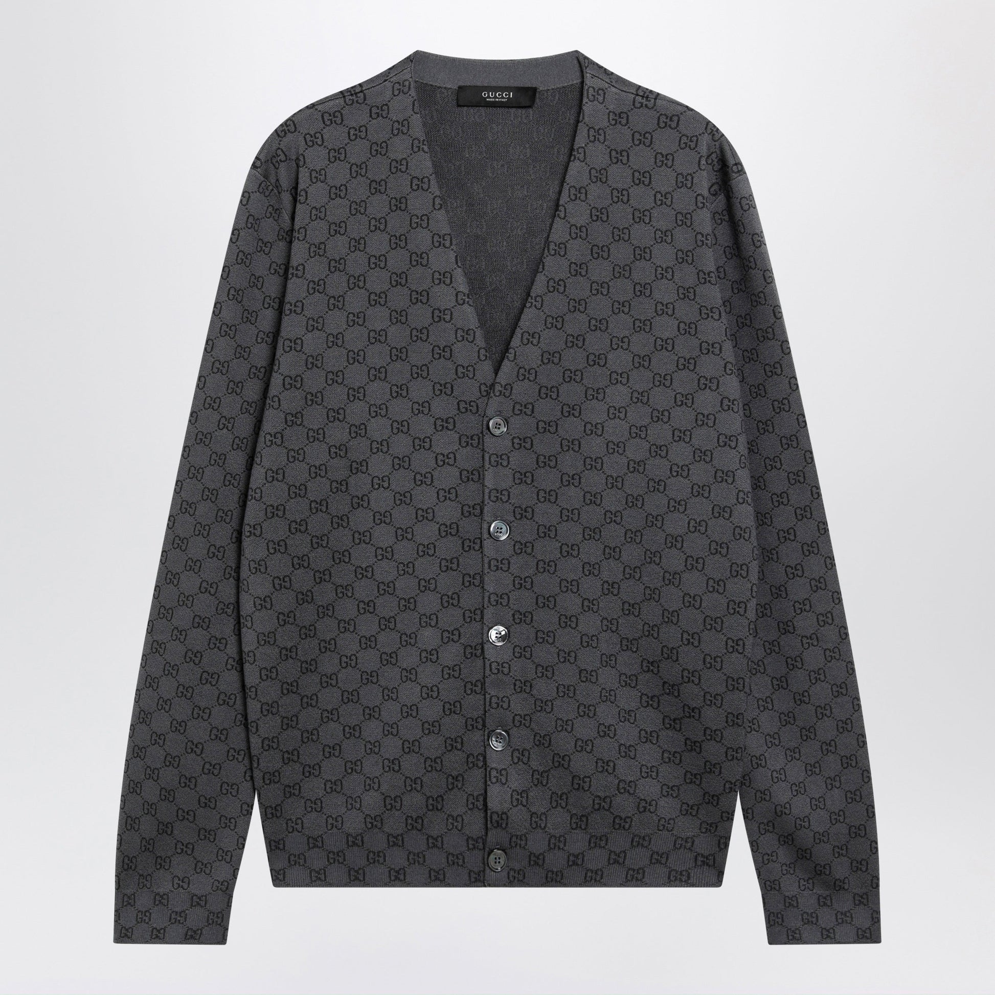Gucci Grey Wool And Silk Cardigan With Gg Motif Men GUCCI