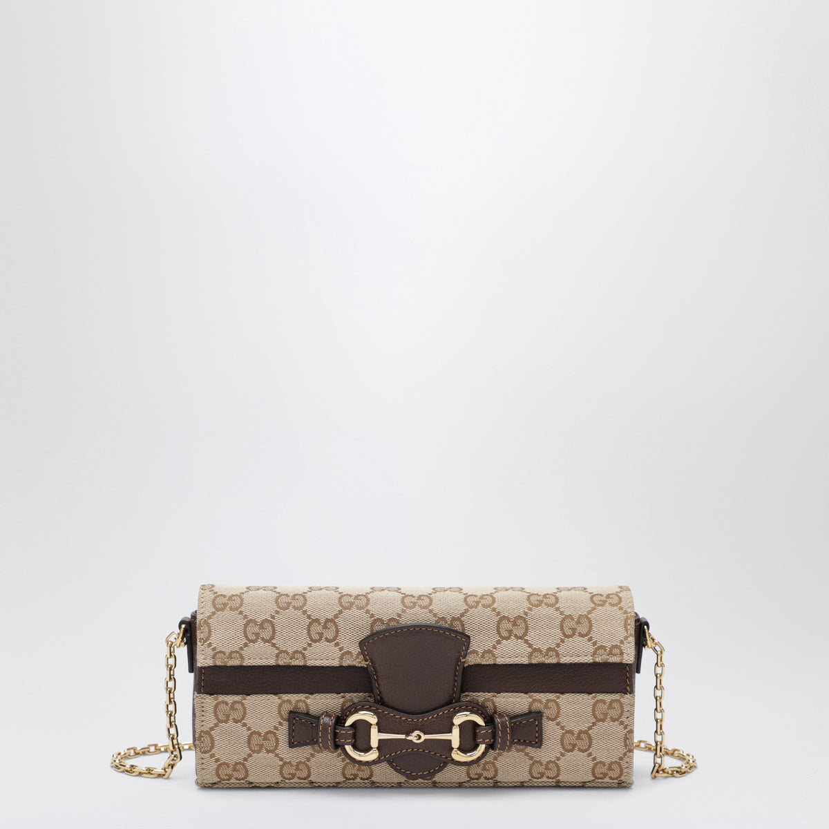 Gucci Sand/Dark Brown Gg Fabric Wallet On Chain With Horsebit Women GUCCI