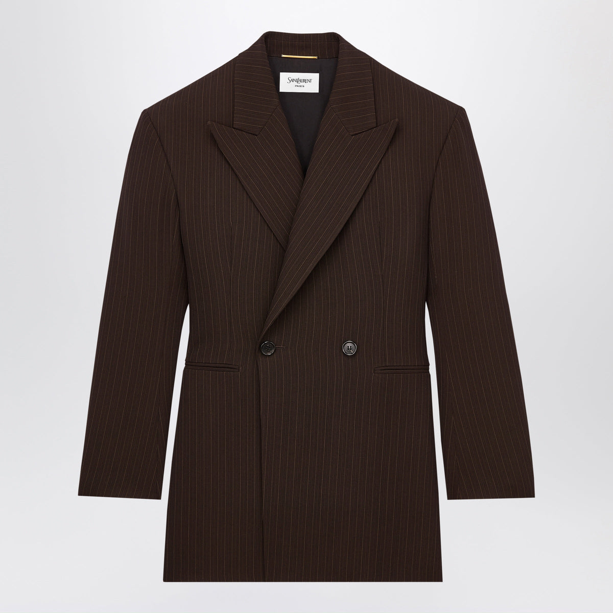 Saint Laurent Brown/Beige Double-Breasted Pinstriped Wool Melange Jacket Women SAINT LAURENT