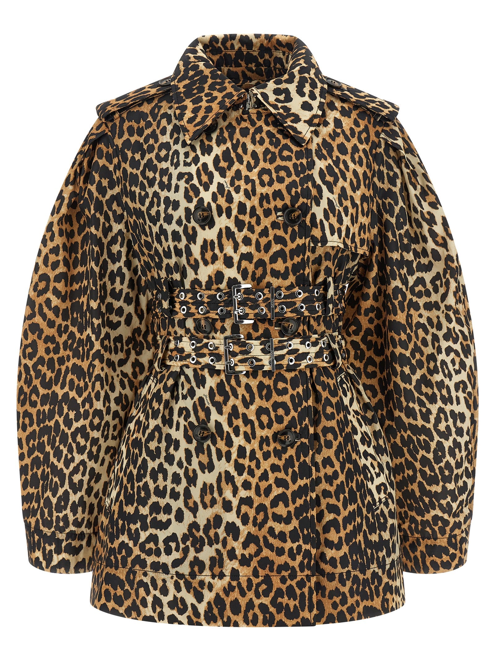 Ganni Women 'Leopard Duchesse Nylon Short' Trench Coat GANNI