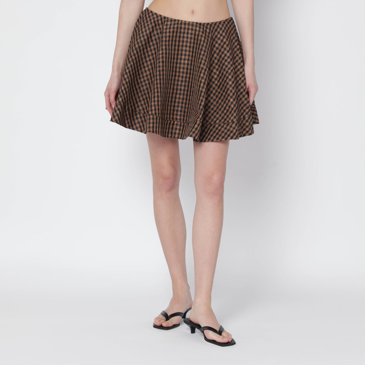 Ganni Brown/Black Gingham Flared Mini Skirt Women GANNI