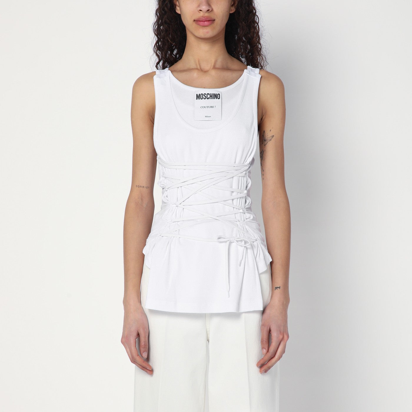 Moschino White Tank Top In Cotton With Laces Women MOSCHINO