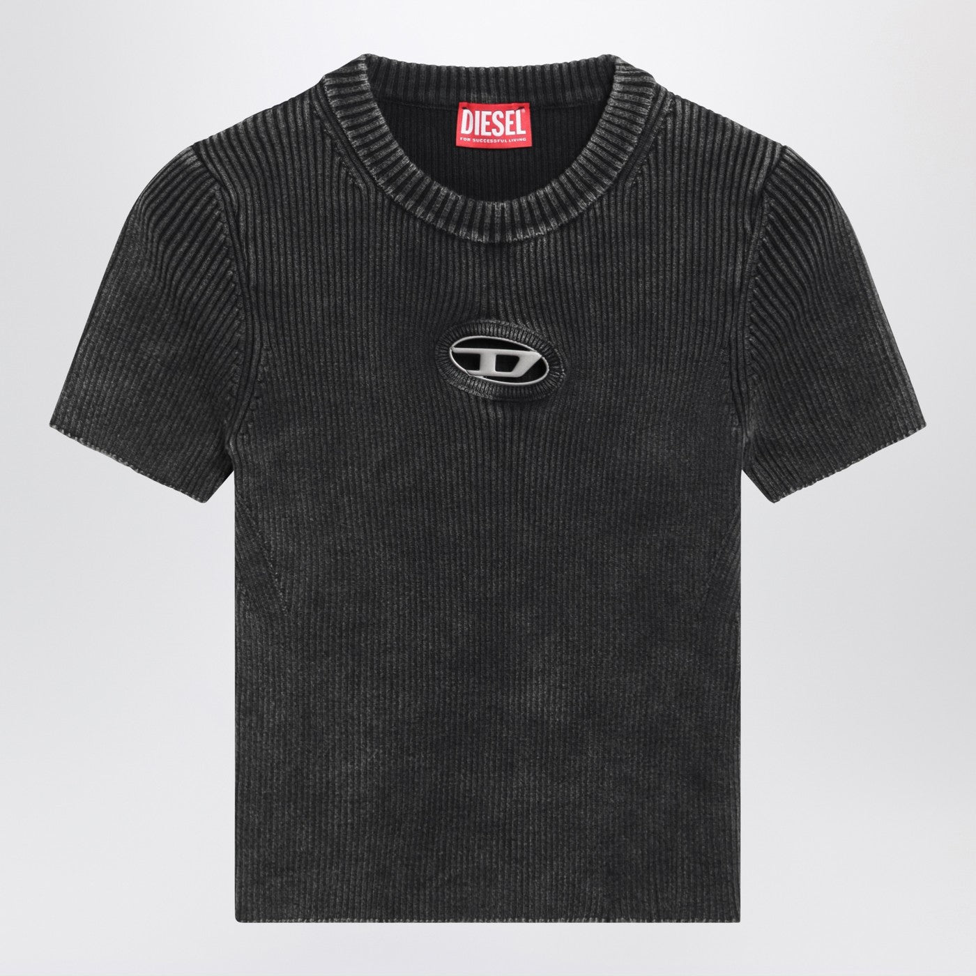 Diesel Cropped Washed Black T-Shirt With Metallic Oval D Women DIESEL