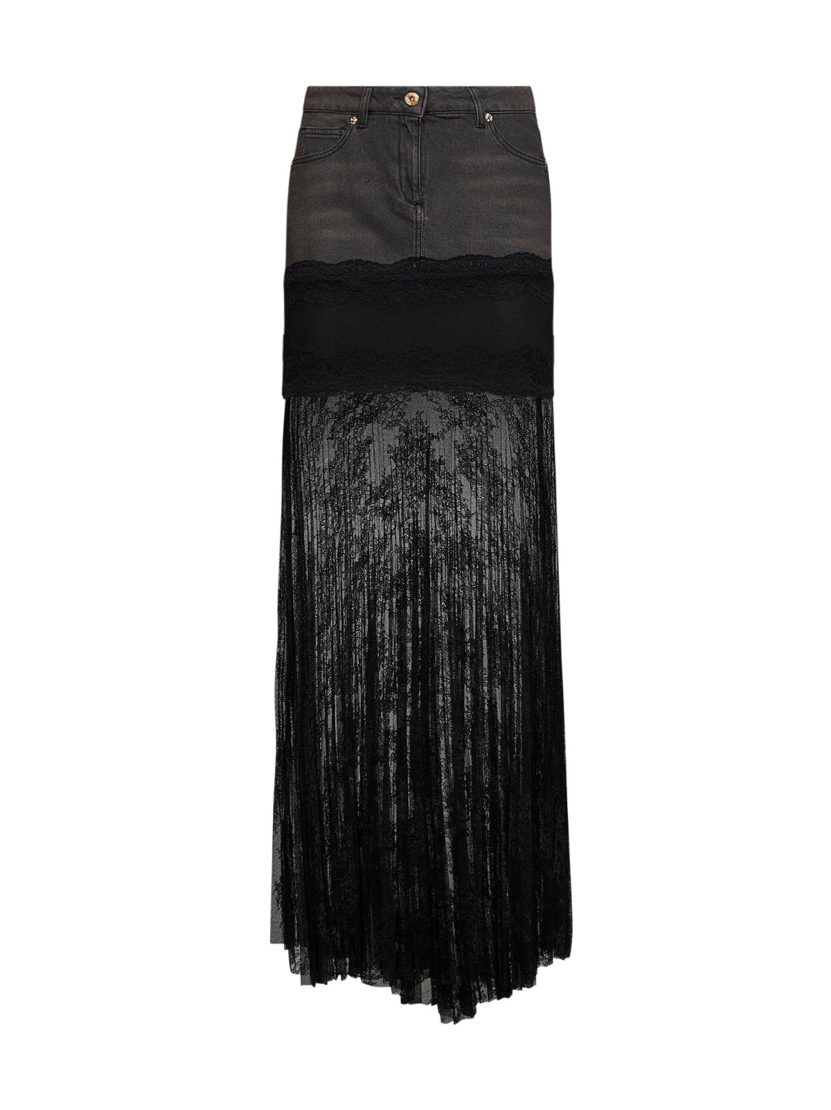 Blumarine Women Grey Denim And See-Through Lace Long Skirt BLUMARINE