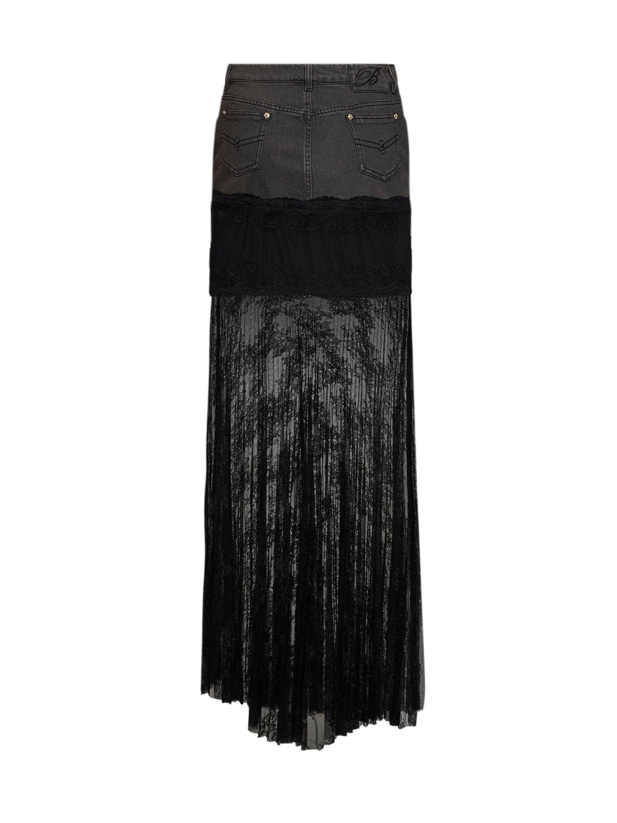 Blumarine Women Grey Denim And See-Through Lace Long Skirt BLUMARINE