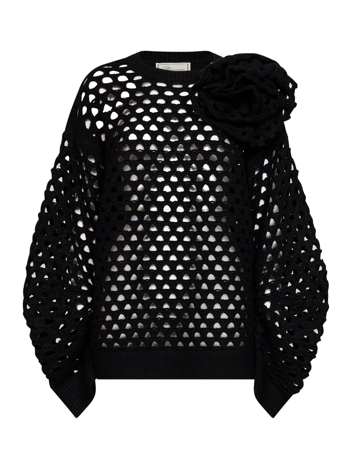 Blumarine Women Black Openwork Wool Knit Sweater With 3D Rose BLUMARINE