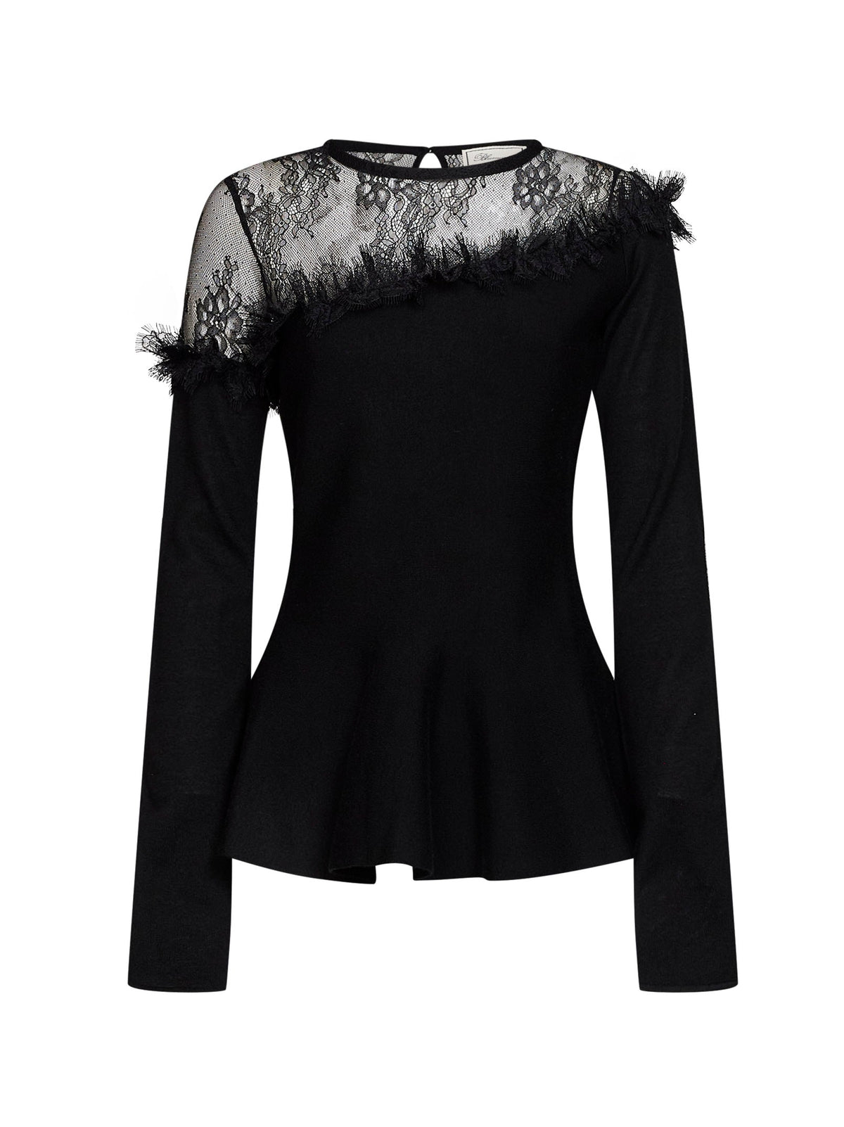 Blumarine Women Black Wool Knit Top With Tulle Yoke BLUMARINE