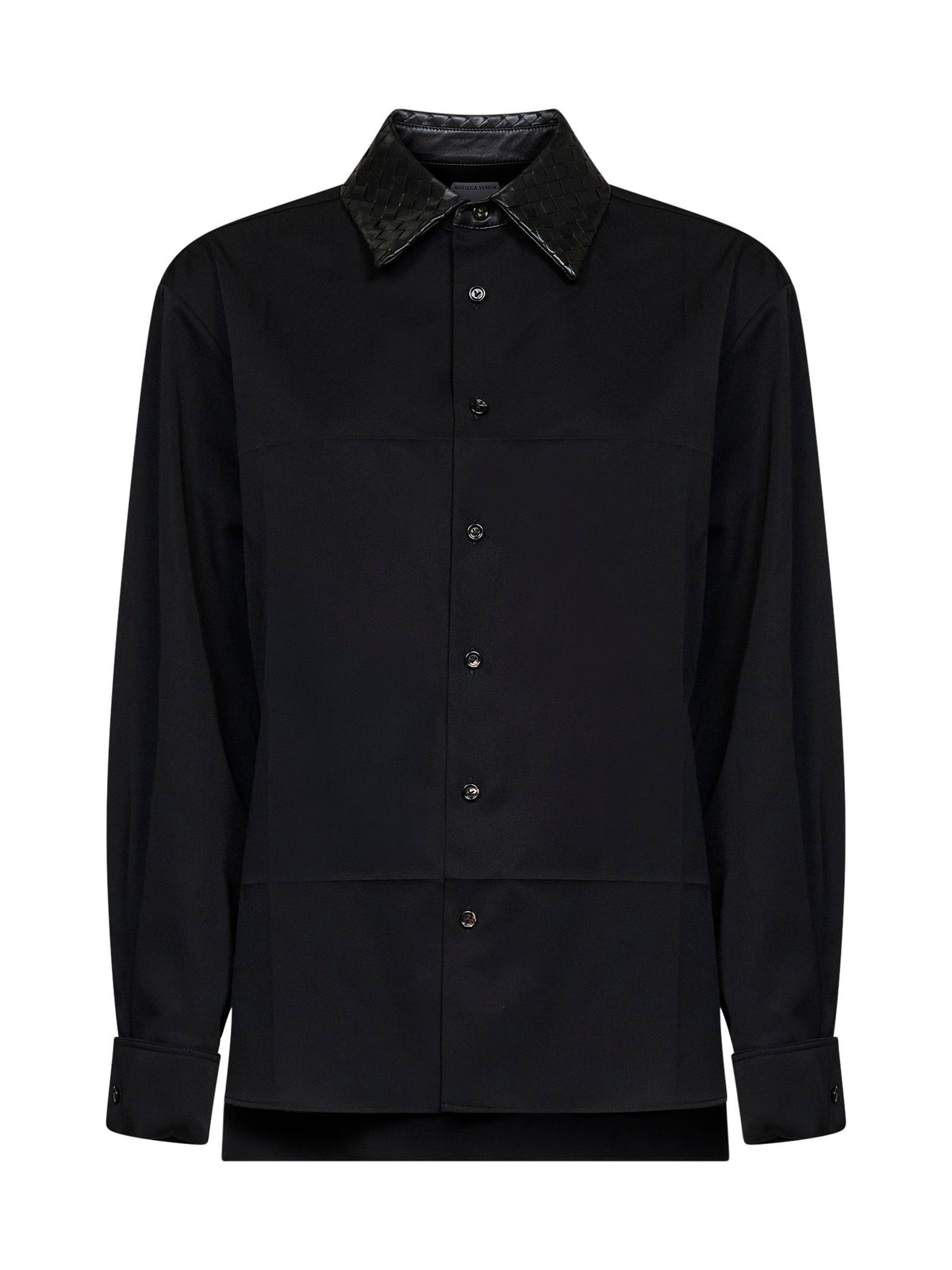 Bottega Veneta Women Black Wool Shirt With Intrecciato Leather Collar BOTTEGA VENETA